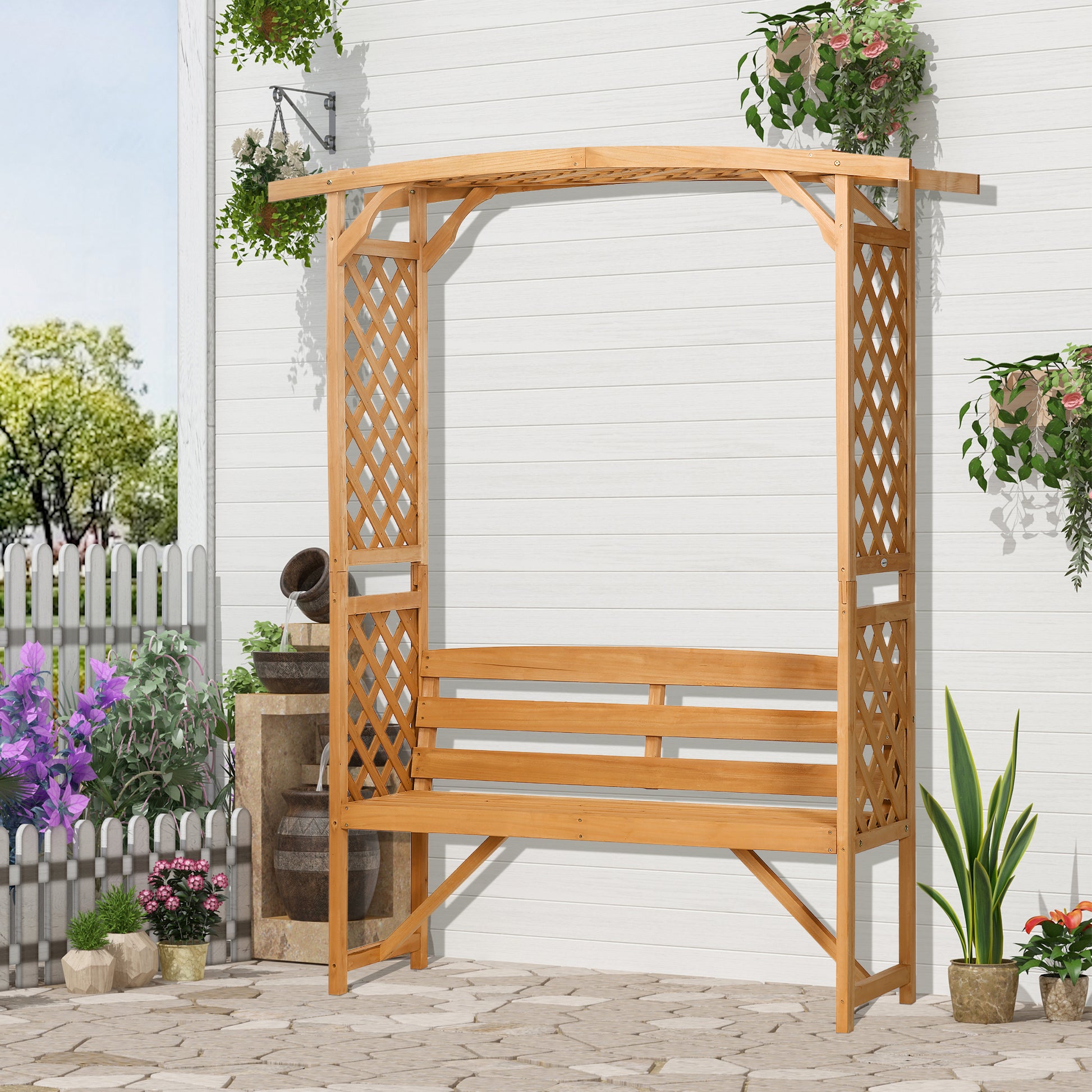 Outsunny Patio Garden Bench Arbor Arch With Pergola And 2 Trellises, 3 Seat Natural Wooden Outdoor Bench For Grape Vines & Climbing Plants, Backyard Decor, Brown Brown Wood