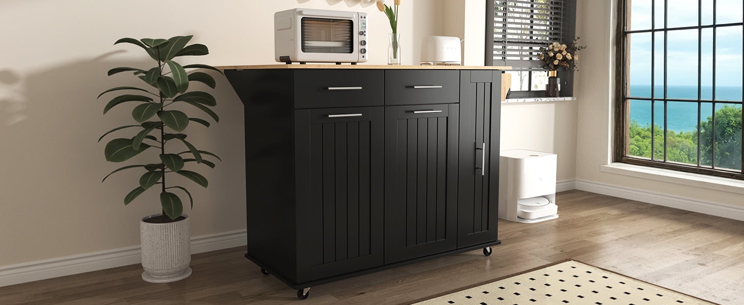 K&K Kitchen Island With Drop Leaf, Kitchen Storage Cart With 3 Tier Pull Out Cabinet Organizer, Internal Storage Rack, Rolling Kitchen Cart On Wheels With Towel Rack, 2 Drawers, For Kitchen, Black Black Brown Kitchen Classic,Farmhouse,Luxury,Modern