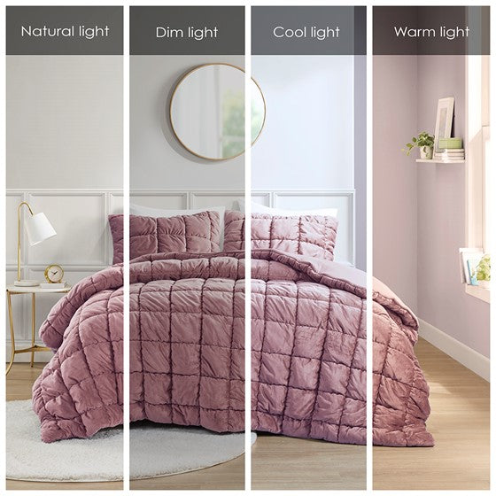 3 Piece Comforter Set King Pink Polyester