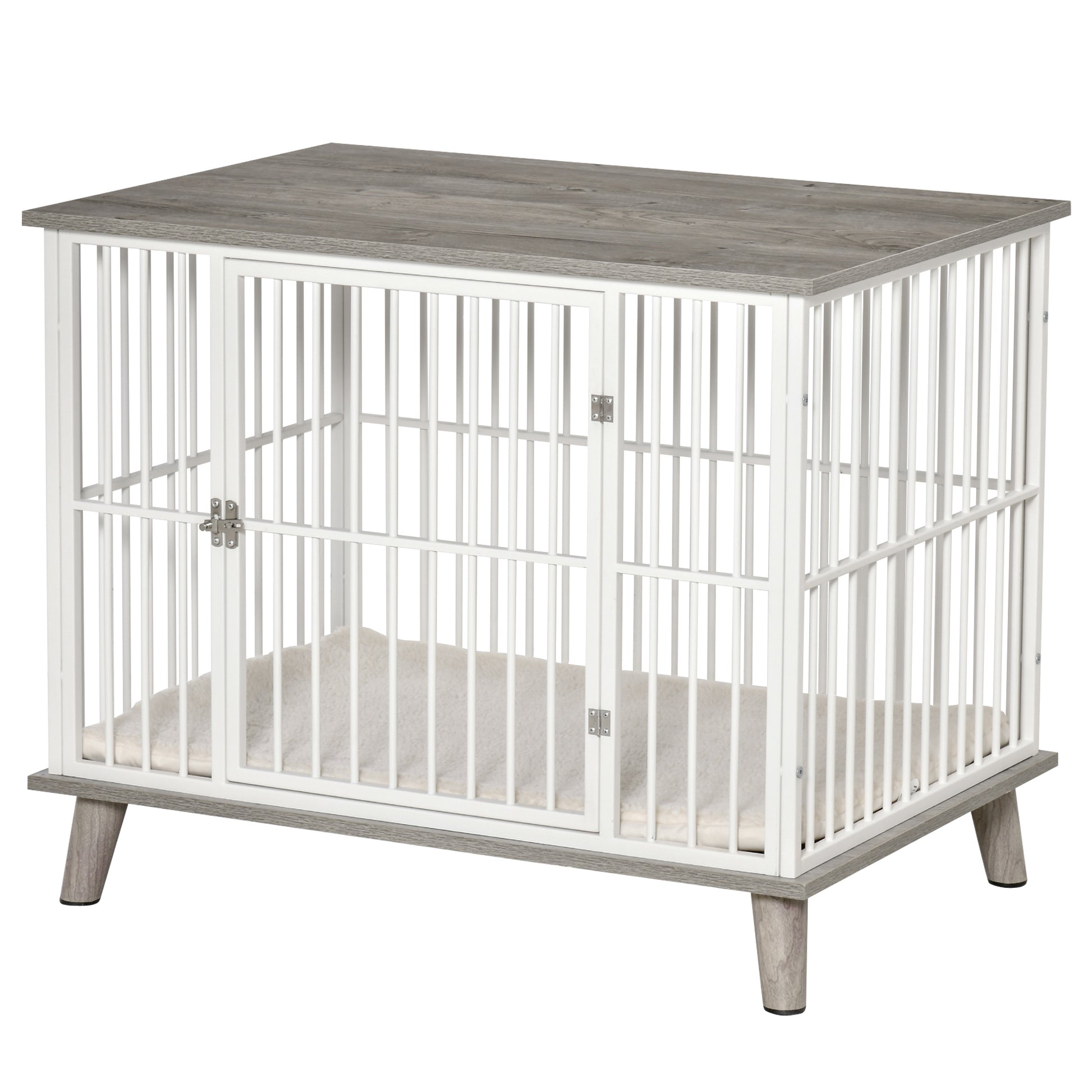 Pawhut Dog Crate Furniture, Wooden End Table With Cushion & Lockable Door, Medium Size Pet Crate Indoor Puppy Cage, Grey Grey Steel