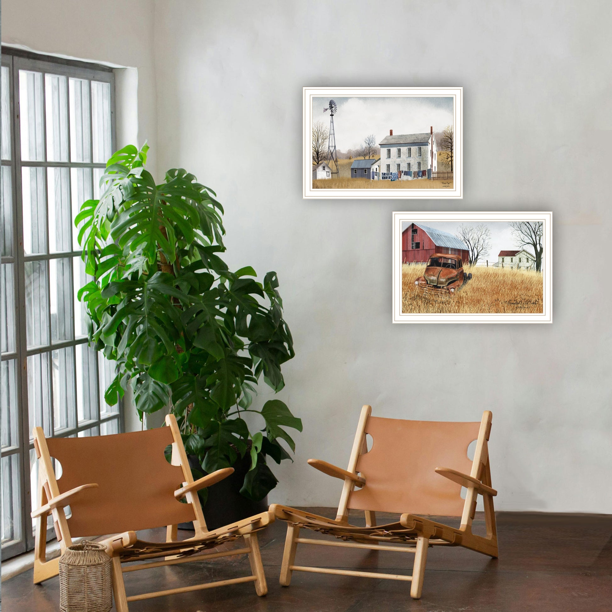 2 Piece Vignette Washday And Granddad'S Old Truck White Framed Wall Art For Living Room, Bedroom Wall Art Print For Home Decor By Billy Jacobs Multicolor Wood Paper