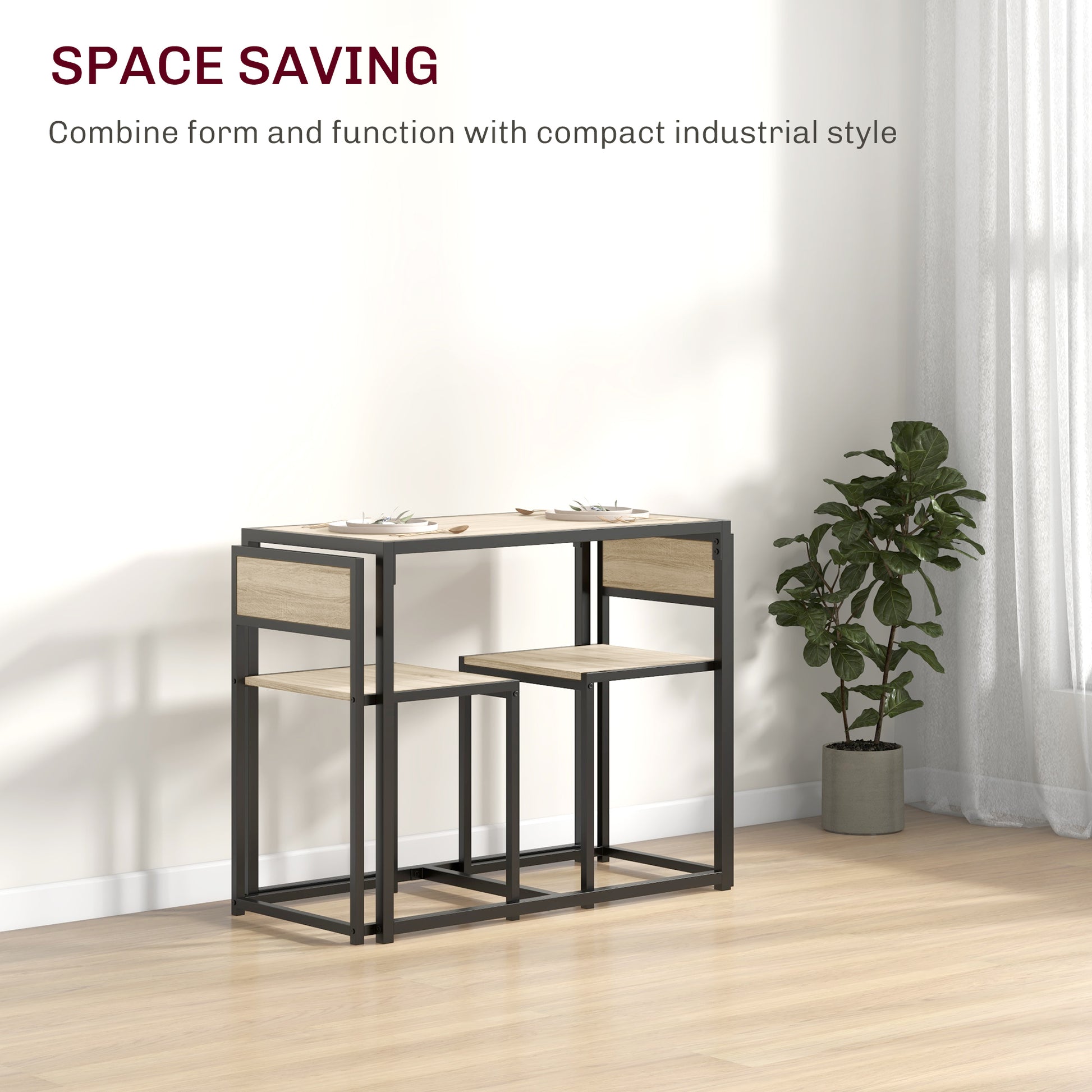Homcom 3 Piece Industrial Dining Table Set For 2, Kitchen Table And Chairs, Dining Room Sets For Small Spaces, Oak Oak Mdf
