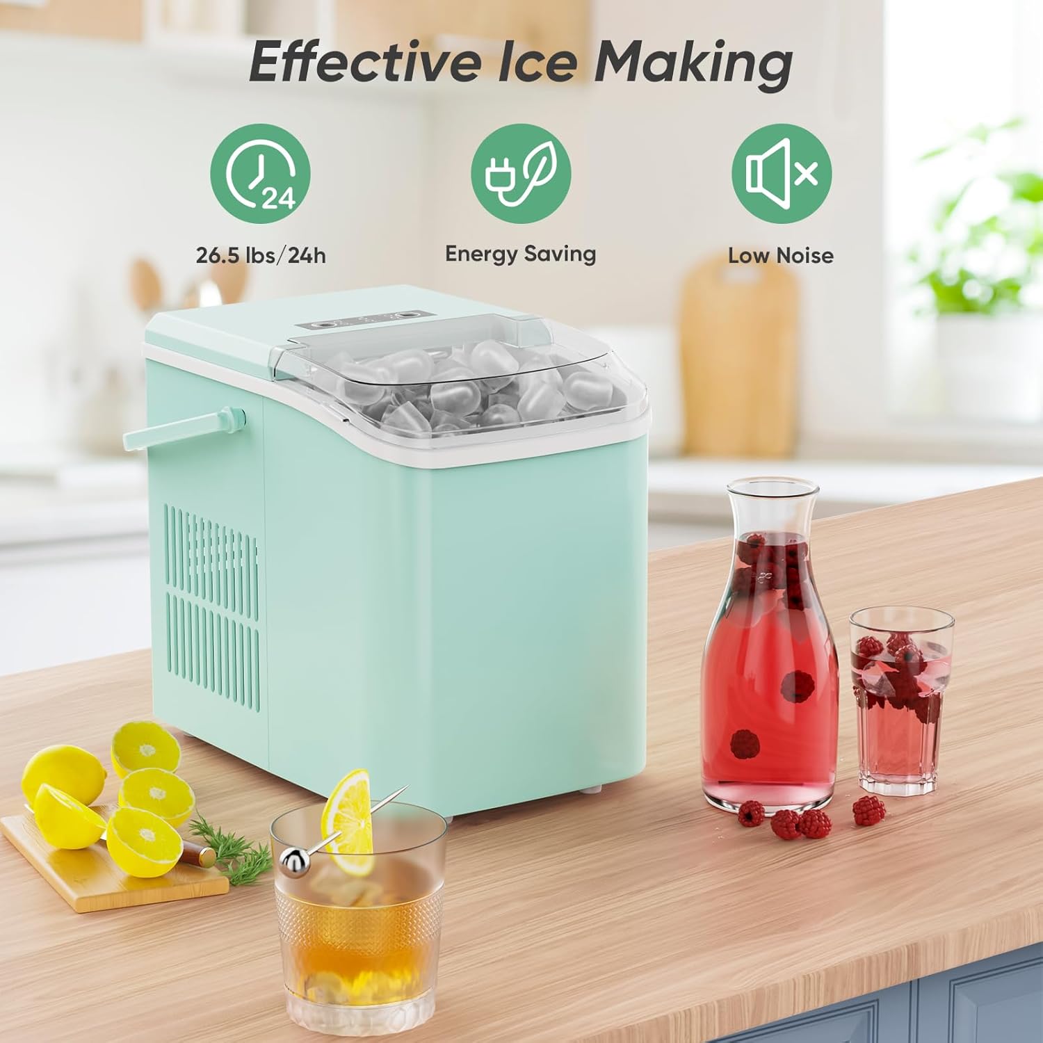 Countertop Ice Maker Machine Self Cleaning, Fast Making 9 Ice Cubes In 6 Minutes, 26.5Lbs 24Hrs, 2 Sizes Bullet Ice, Portable Ice Machine With Ice Scoop, Basket And Handle, Green Green Plastic