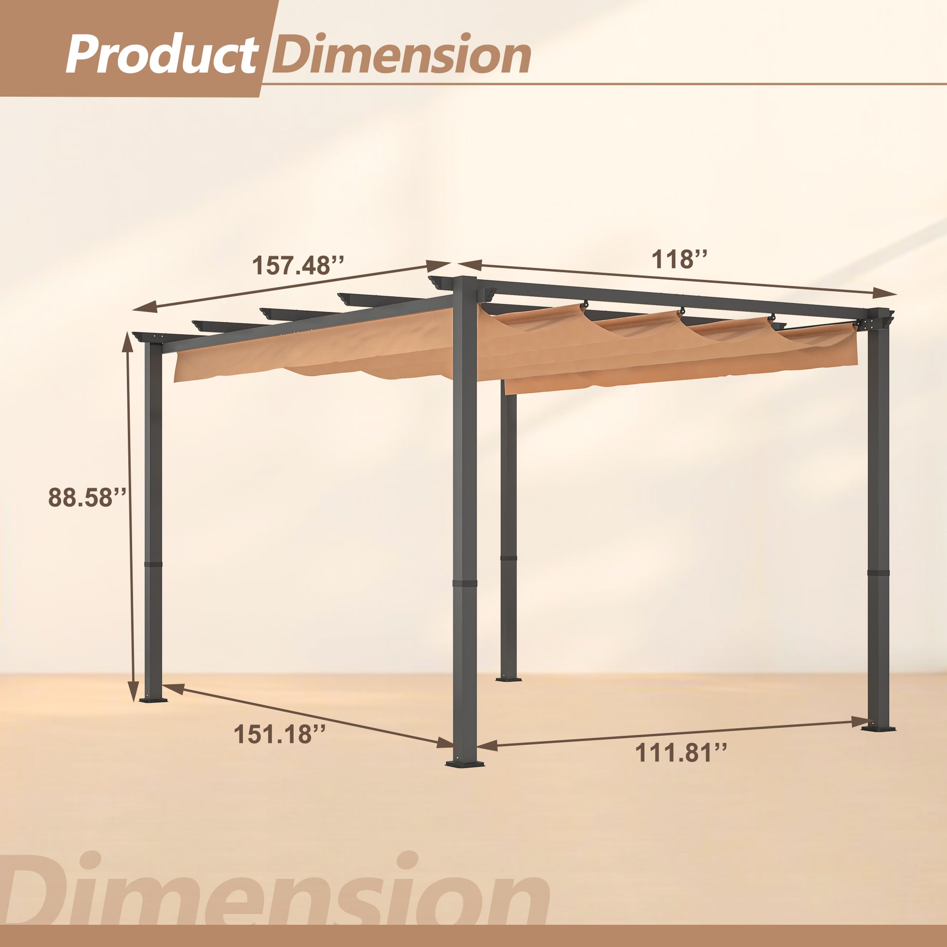 10' X 13' Aluminum Patio Pergola With Retractable Pergola Canopy, Backyard Shade Shelter For Porch, Outdoor Party, Garden, Grill Gazebo, Khaki Khaki Metal