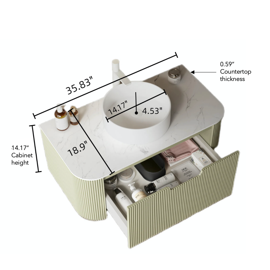 Dina 36" Bathroom Vanity With Sink, Modern Wall Mounted Floating Curved Edges Striped Bathroom Storage Cabinet With A Drawer, White Round Ceramic Basin Without Faucet, Pre Assembled, Light Green