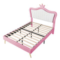 Full Size Upholstered Bed Frame With Led Lights,Modern Upholstered Princess Bed With Crown Headboard,White Pink Full White Pink Pu