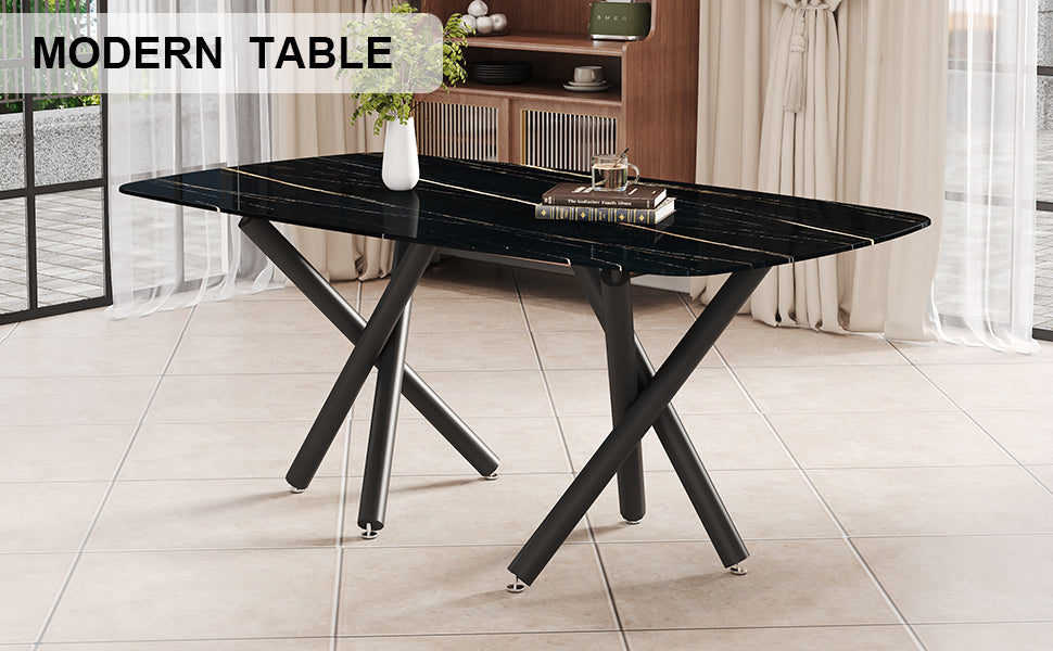 Large Modern Minimalist Rectangular Dining Table With 0.39 "Imitation Marble Black Tabletop And Black Metal Legs, Suitable For Kitchen, Dining Room, Living Room, Conference Room, And Banquet Hall 1537 Black Glass