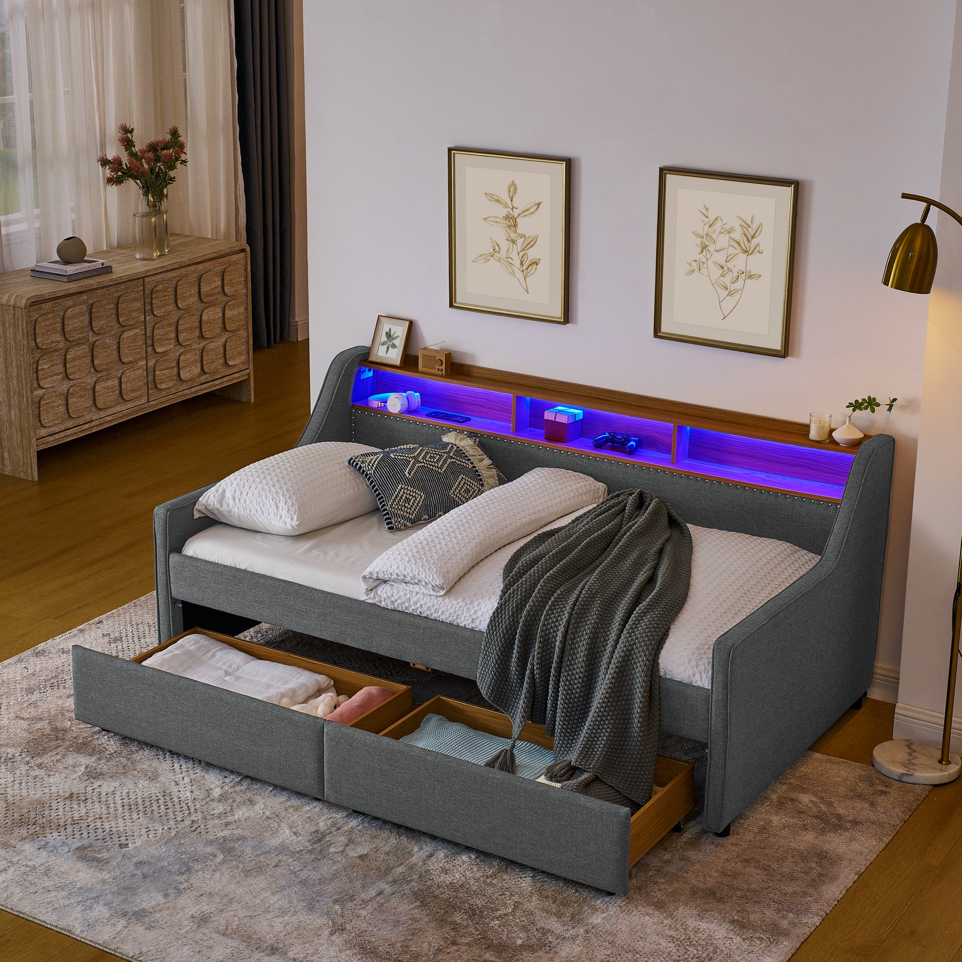 Twin Size Upholstery Sofa Bed With Three Led Lights, With Storage Adjustable Headboard, With Two Storage Pull Up Drawers And Wireless Charging, Linen Padded Sofa Bed Frame, Grey Box Spring Not Required Twin Grey Composite Bedroom Classic Eucalyptus Foam