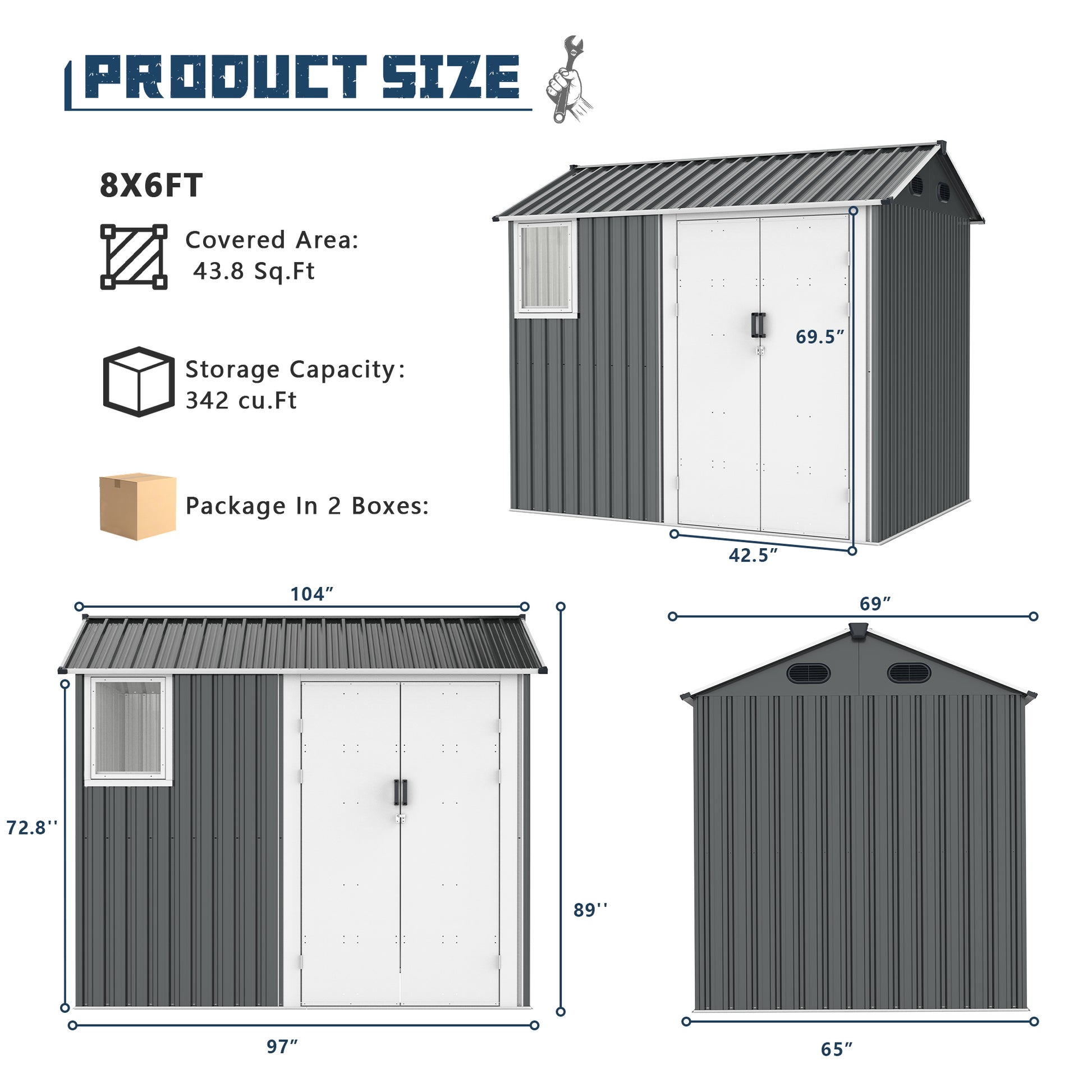 8X6 Ft Metal Outdoor Storage Shed With Window, Floor Base, Air Vents And Double Hinged Door Dark Grey Steel