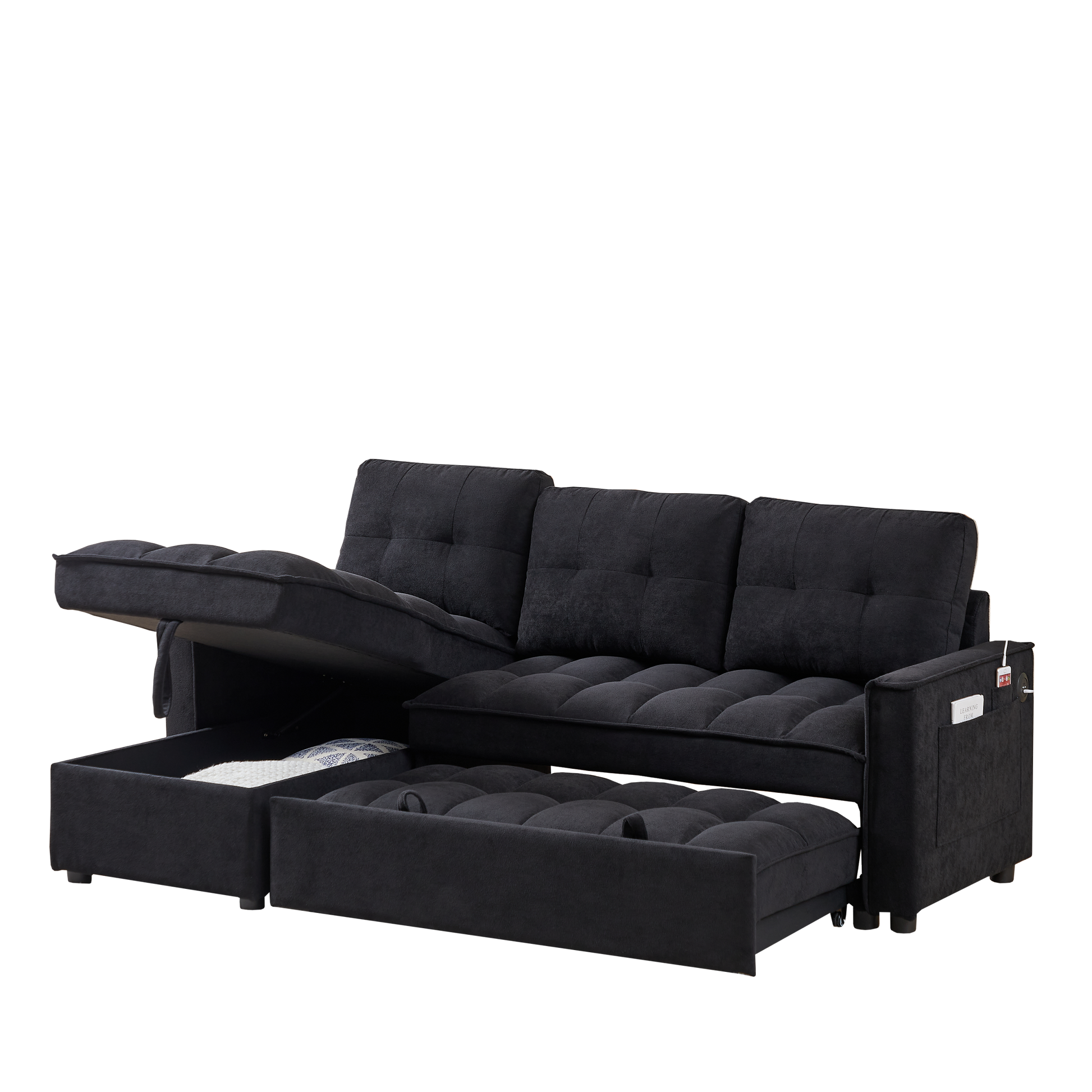 Mh 78.75" Reclining Sofa, Pull Out Sofa Bed With Usb And Tape C Charging Ports, L Shaped Sectional Sofa With Reclining Storage And Arm Side Organizer Pocket Features, Living Room Comfort Sofa Black Chenille Wood Primary Living Space Eucalyptus Foam