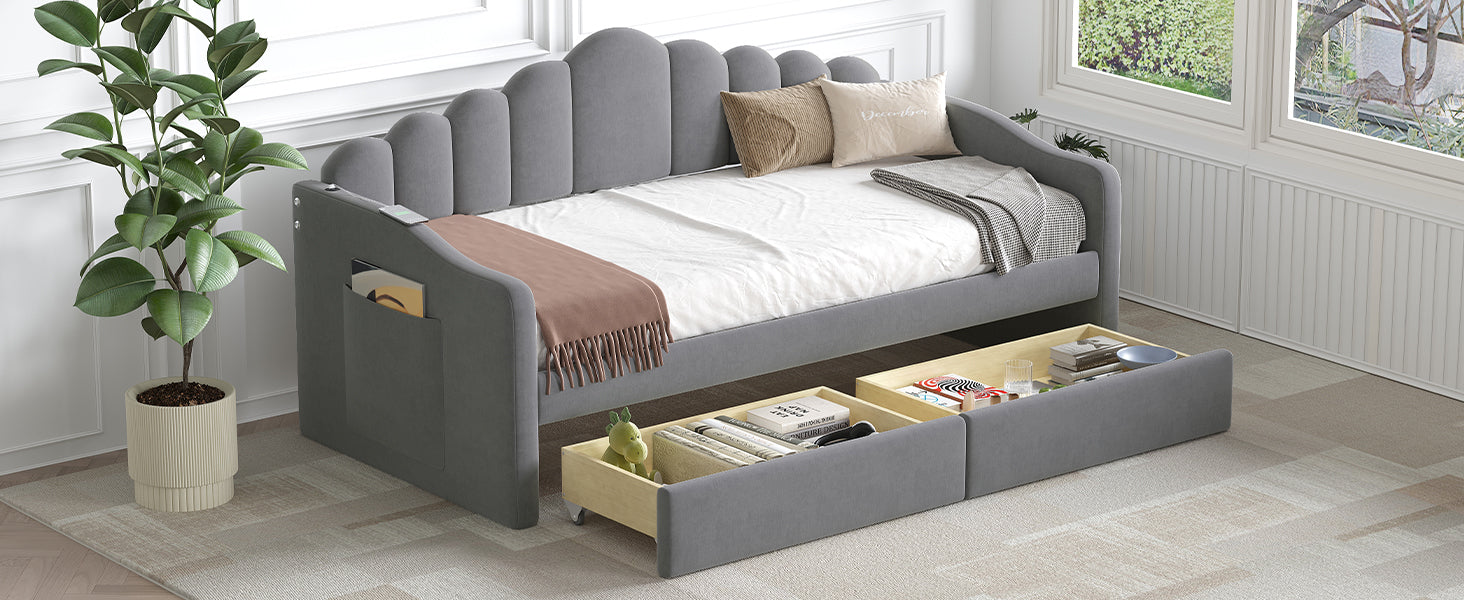 Twin Size Upholstered Daybed With 2 Drawers ,Velvet Sofabed With Usb Charging Ports,No Box Spring Needed,Gray Twin Gray Velvet