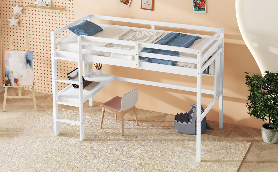 Twin Loft Bed With Built In Desk And Bookcase Of Three Compartments, Guardrails And Ladder,White Twin White Pine