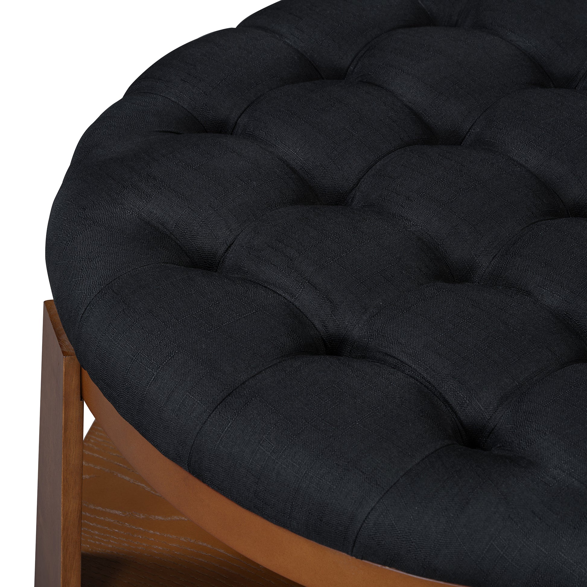 Modern Large Round Ottoman Coffee Table 2 Tier Oversized Button Tufted Ottoman With Wood Shelf Storage Upholstered Coffee Table For Living Room Footrest Ottoman With Wheel, Waterproof Linen Black Brown Rubber Wood