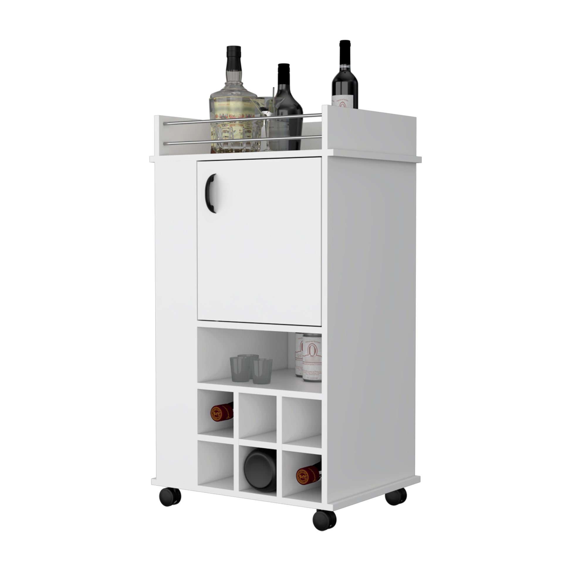 Farson Bar Cart With 2 Side Shelf, 6 Built In Wine Rack And Casters Freestanding 5 Or More Spaces White Primary Living Space Open Storage Space Contemporary Pine Particle Board Engineered Wood