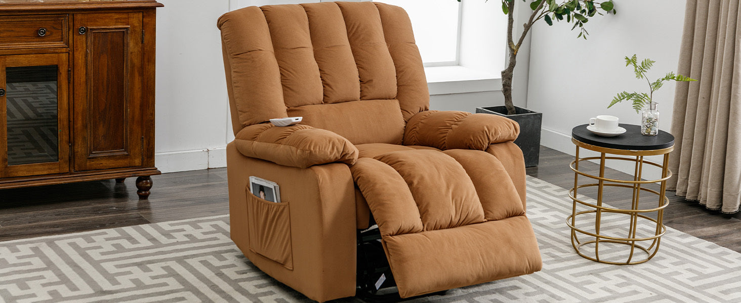 Massage Recliner Chair Electric Power Lift Recliner Chairs With Heat, Vibration, Side Pocket For Living Room, Bedroom, Light Brown Light Brown Velvet