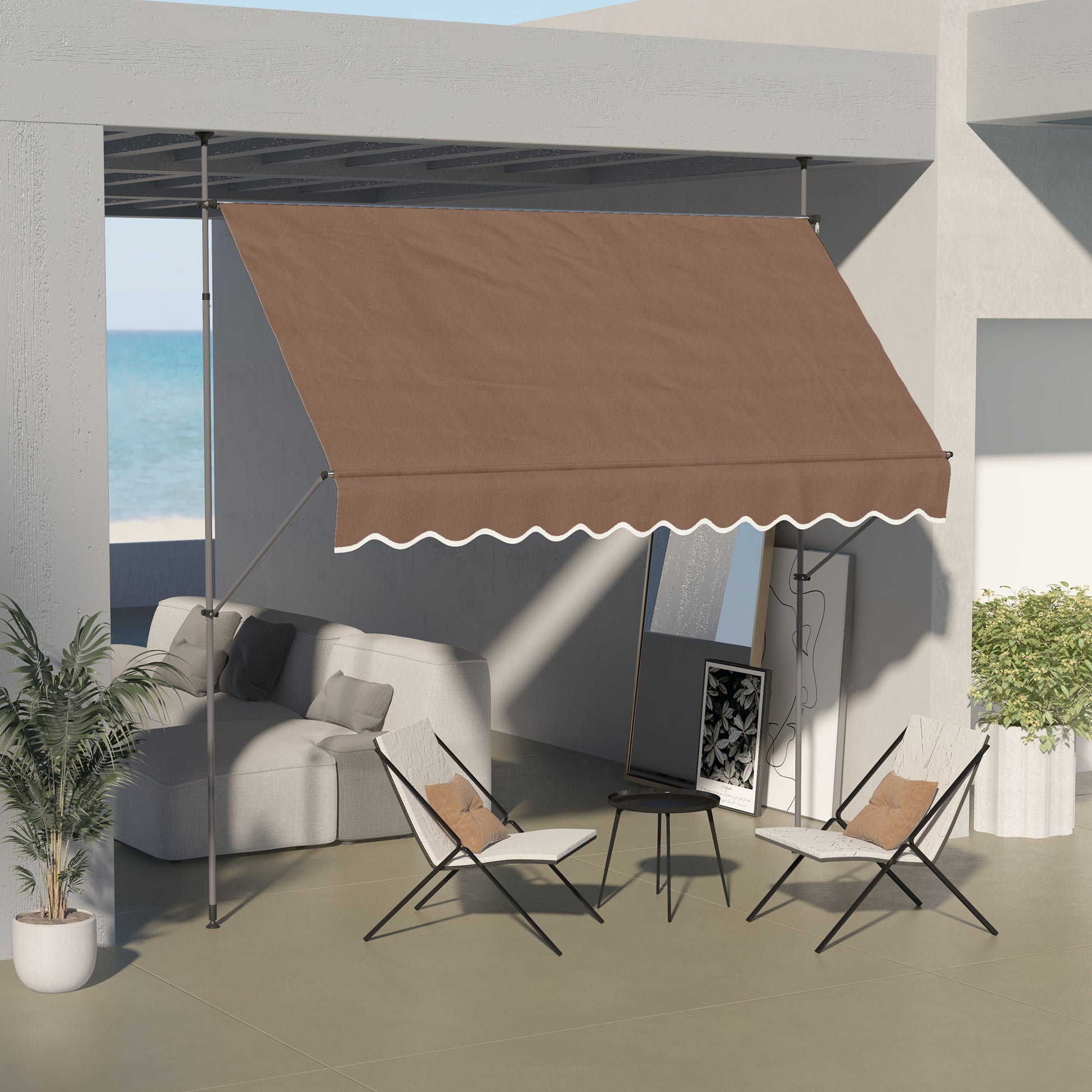 Outsunny Manual Retractable Awning, 118" Non Screw Freestanding Patio Sun Shade Shelter With Support Pole Stand And Uv Resistant Fabric, For Window, Door, Porch, Deck, Coffee Coffee Aluminum