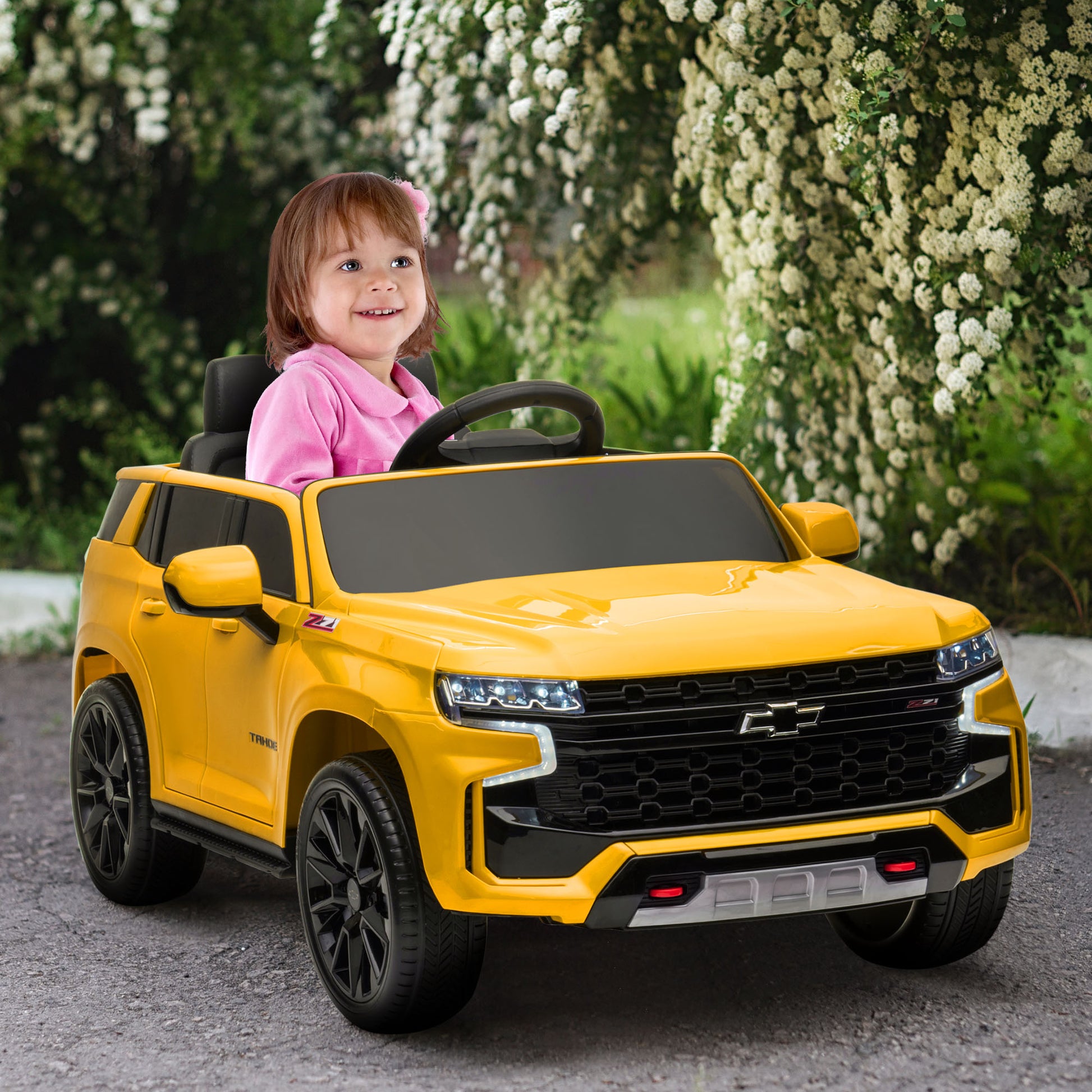 Aosom Chevrolet Tahoe Licensed Kids Ride On Car, 12V Battery Powered Kids Electric Car With Remote Control, 4 Wheeler Suspension, Music, Lights, Horn, For Ages 3 6 Years Old, Yellow Yellow Plastic