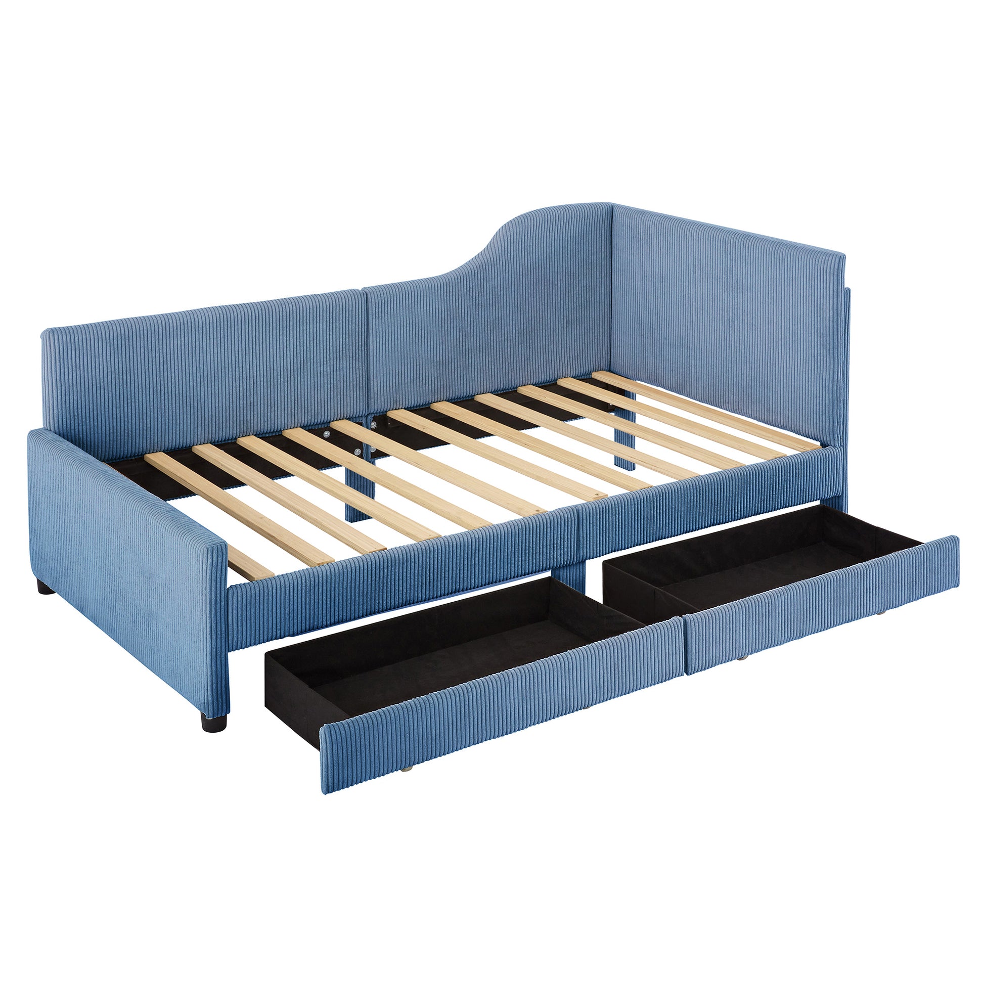 Twin Size L Shaped Corduroy Daybed,Upholstered Bed Frame With 2 Storage Drawers,Blue Twin Blue Wood Fabric