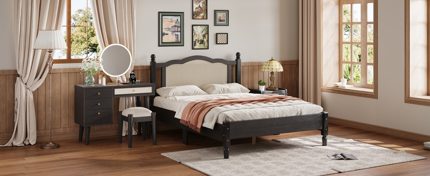 3 Pieces Bedroom Set With Full Size Wooden Bed Frame, 1 Vintage Nightstand And 1 Makeup Vanity Set With Stool,Black Expected Arrival Time: 08.23 Full Black 3 Piece Set Wood
