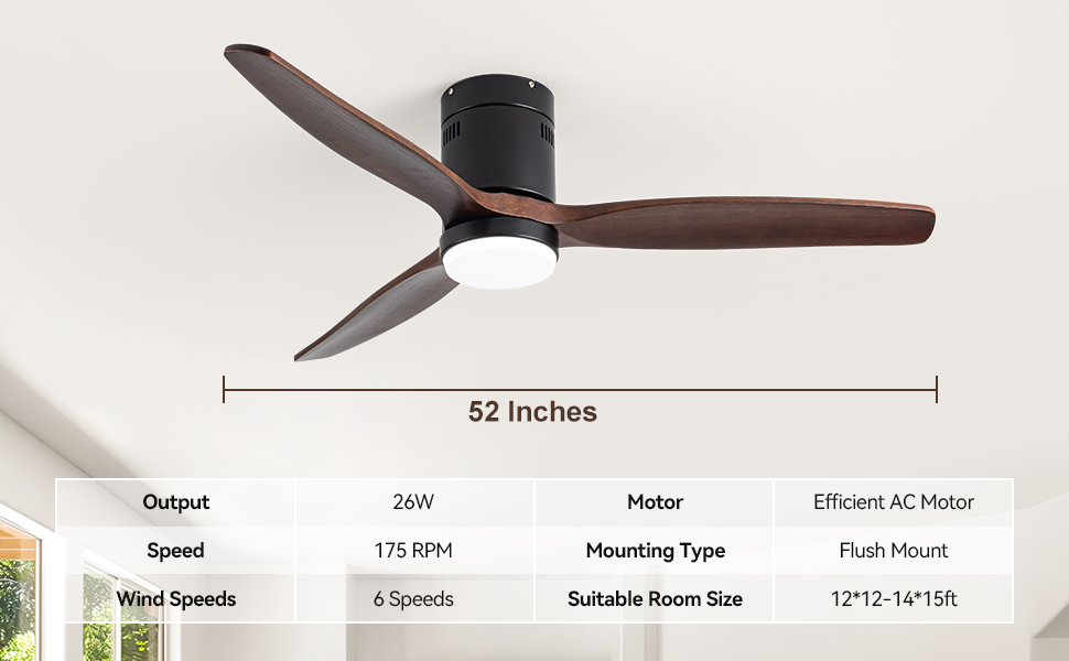 Ceiling Fan With Light, 52 Inch Flush Mount Ceiling Fan, Reversible Blades, 3Cct Low Profile Ceiling Fan With Remote For Bedroom Living Room Walnut Modern Wood