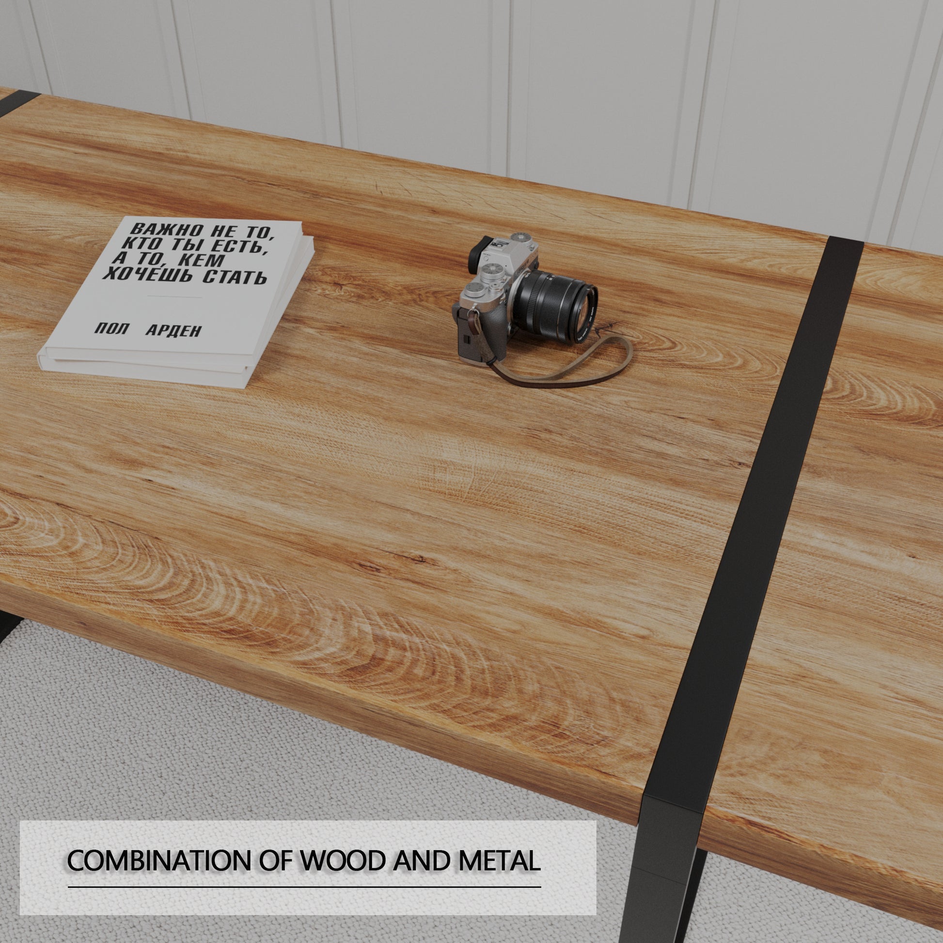 59 "Rural Industrial Rectangular Mdf Natural Wood Dining Table, 4 6 People, 1.5" Thick Engineering Wood Tabletop And Black Rectangular Metal Legs, Used For Writing Desks, Kitchens, Terraces Wood Kitchen Mdf
