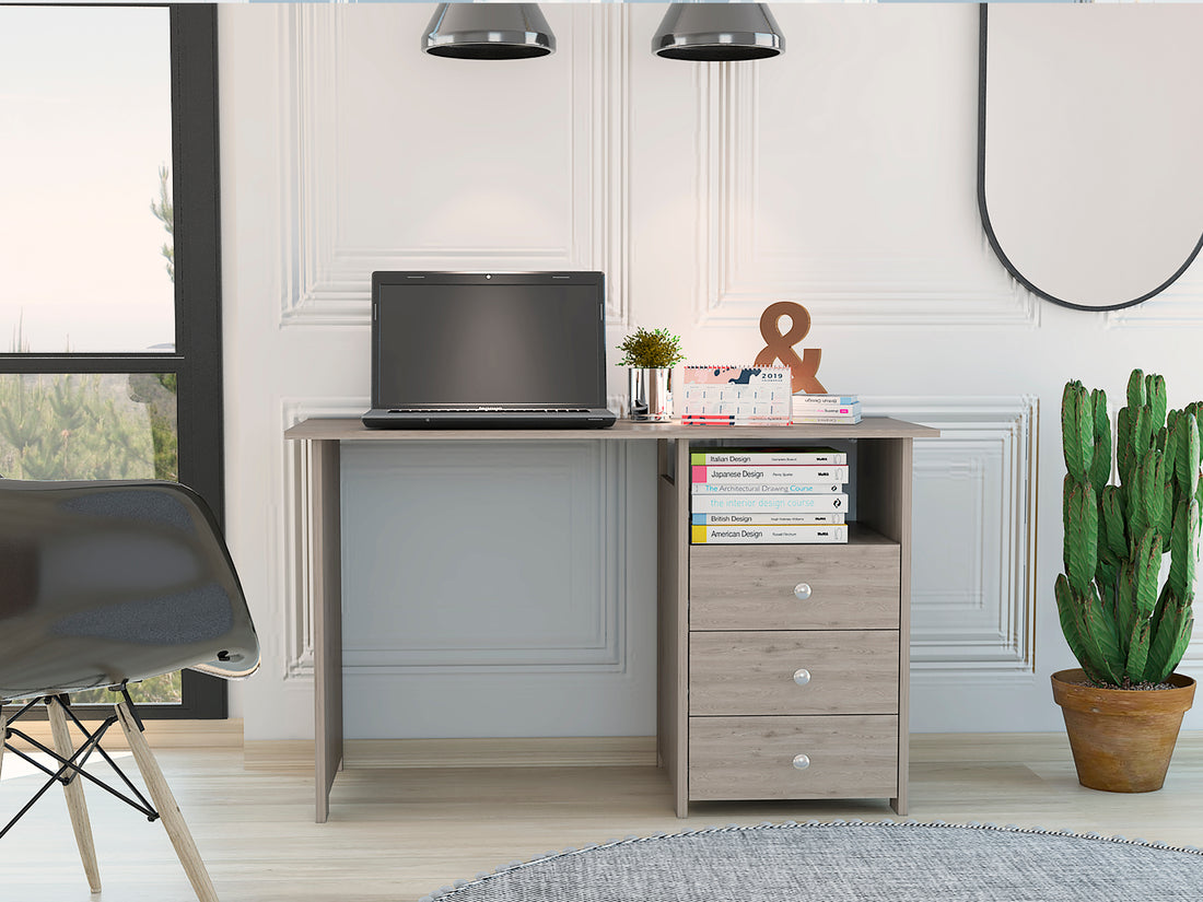 Bianco Writing Computer Desk, Three Drawers, One Shelf Grey Computer Desk Office Modern Freestanding Rectangular Open Storage Desk Rectangular Particle Board Engineered Wood