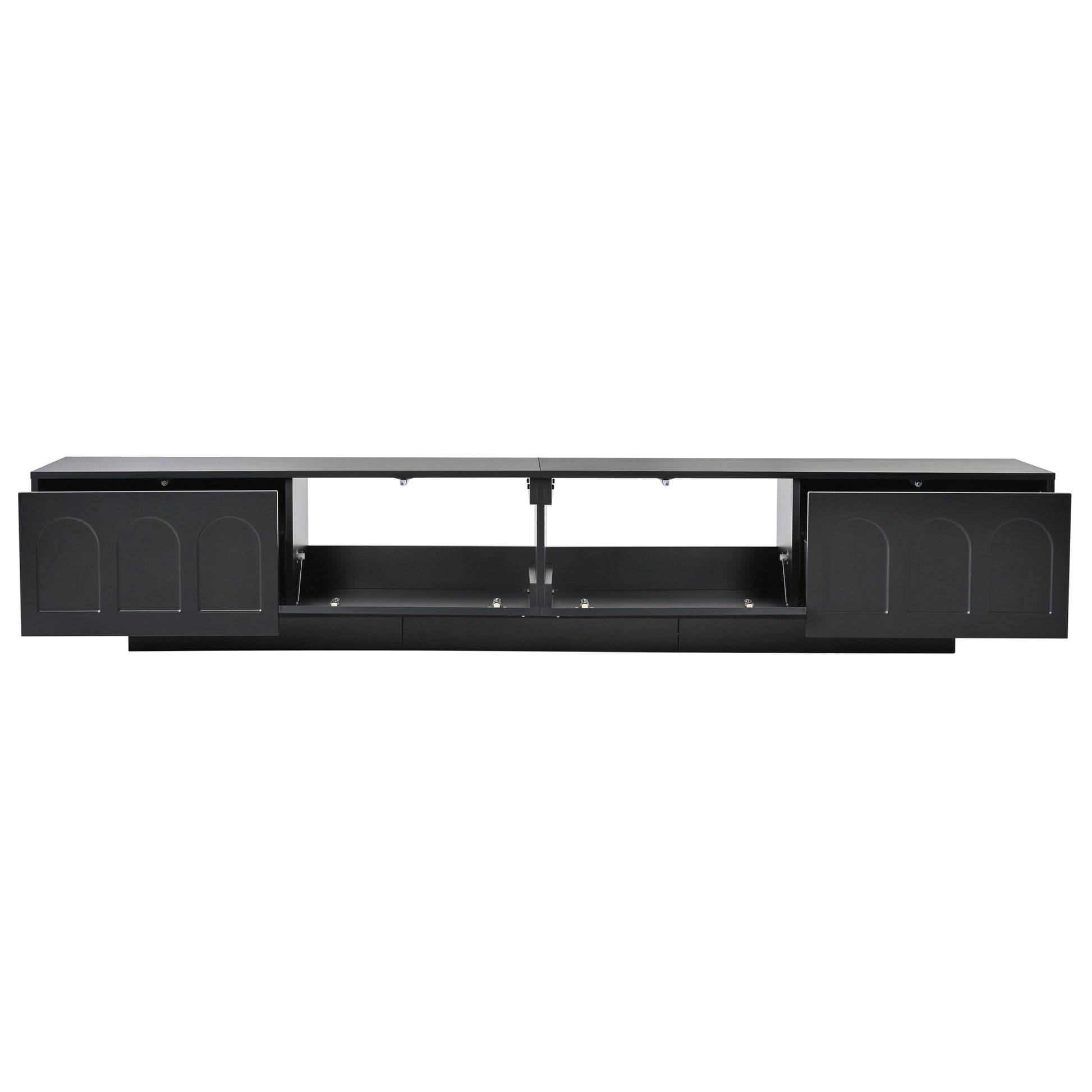 Tv Stand With Fluted Tempered Glass Doors For Tvs Up To 95'', Functional Media Console With Arched Cabinet Doors, Entertainment Center With App Controlled Led Light For Living Room, Black Black Primary Living Space 90 Inches Or Larger 90 Inches Or Larger