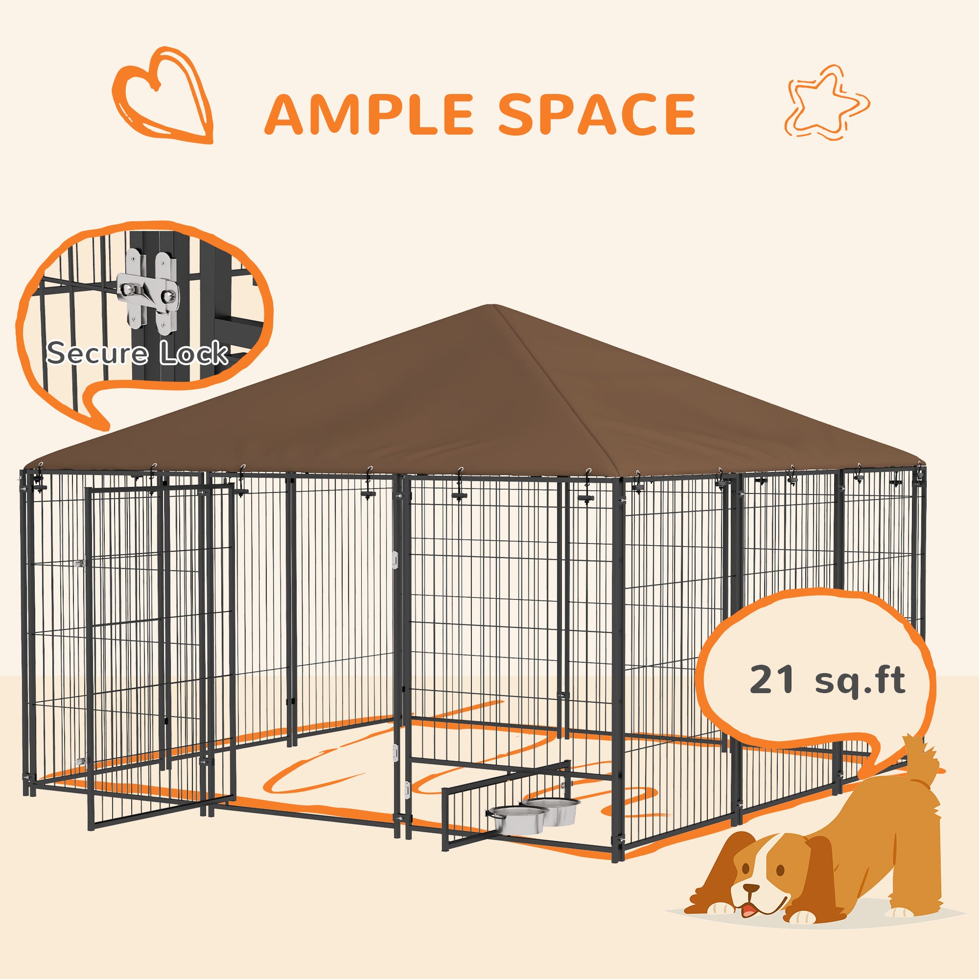 Pawhut Outside Dog Kennel, 6.9' X 6.9' X 5' Puppy Play Pen With Canopy, Garden Playpen Fence Crate Enclosure Cage Rotating Bowl, Coffee Coffee Metal