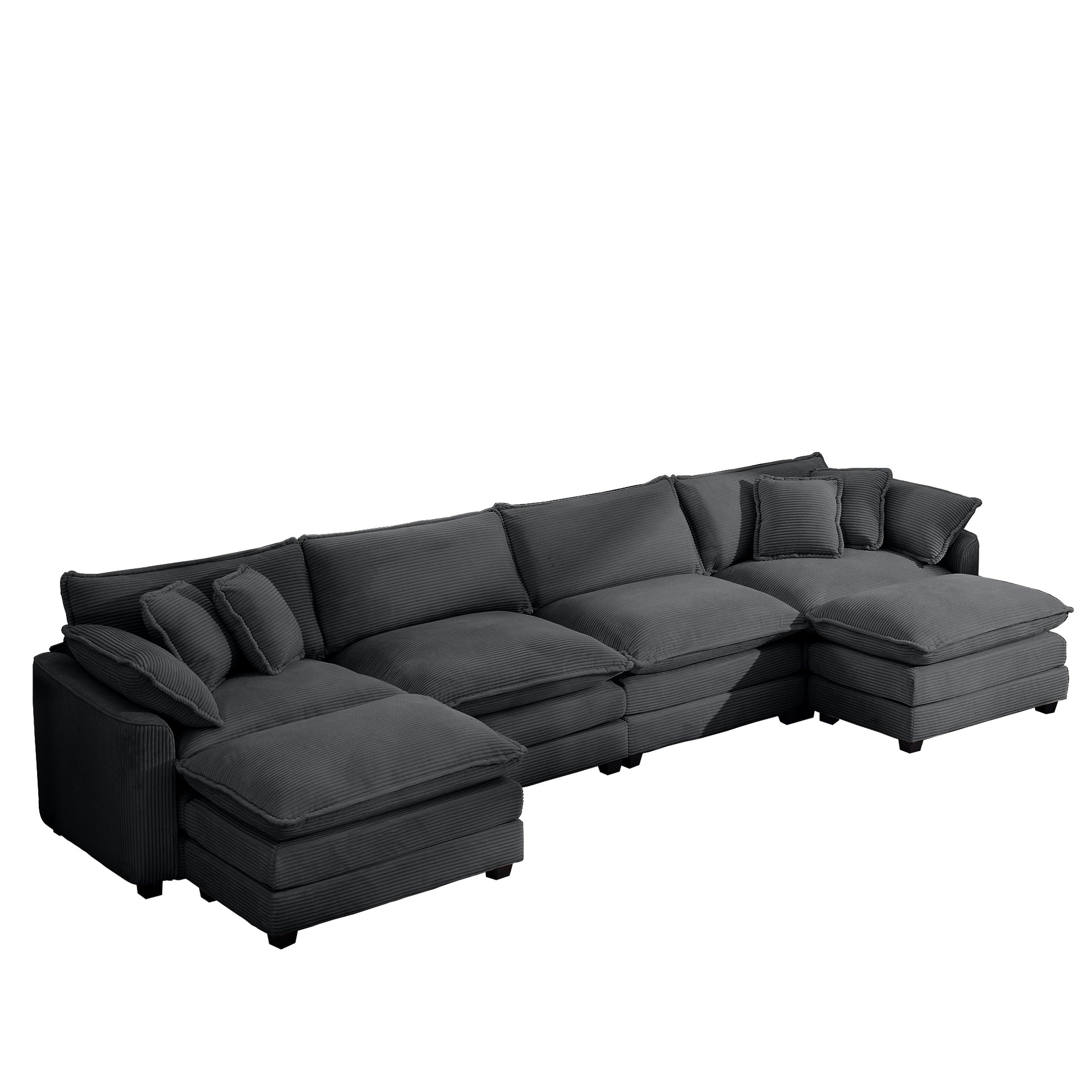 Corduroy Sofamodern Upholstered 4 Seater With 3 Footstools Corduroy Fabric Sofaoffice Living Room Apartment Comfortable Sofa, Easy To Assemble With 2 Arm Pillows And 4 Throw Pillows Grey Corduroy 4 Seat