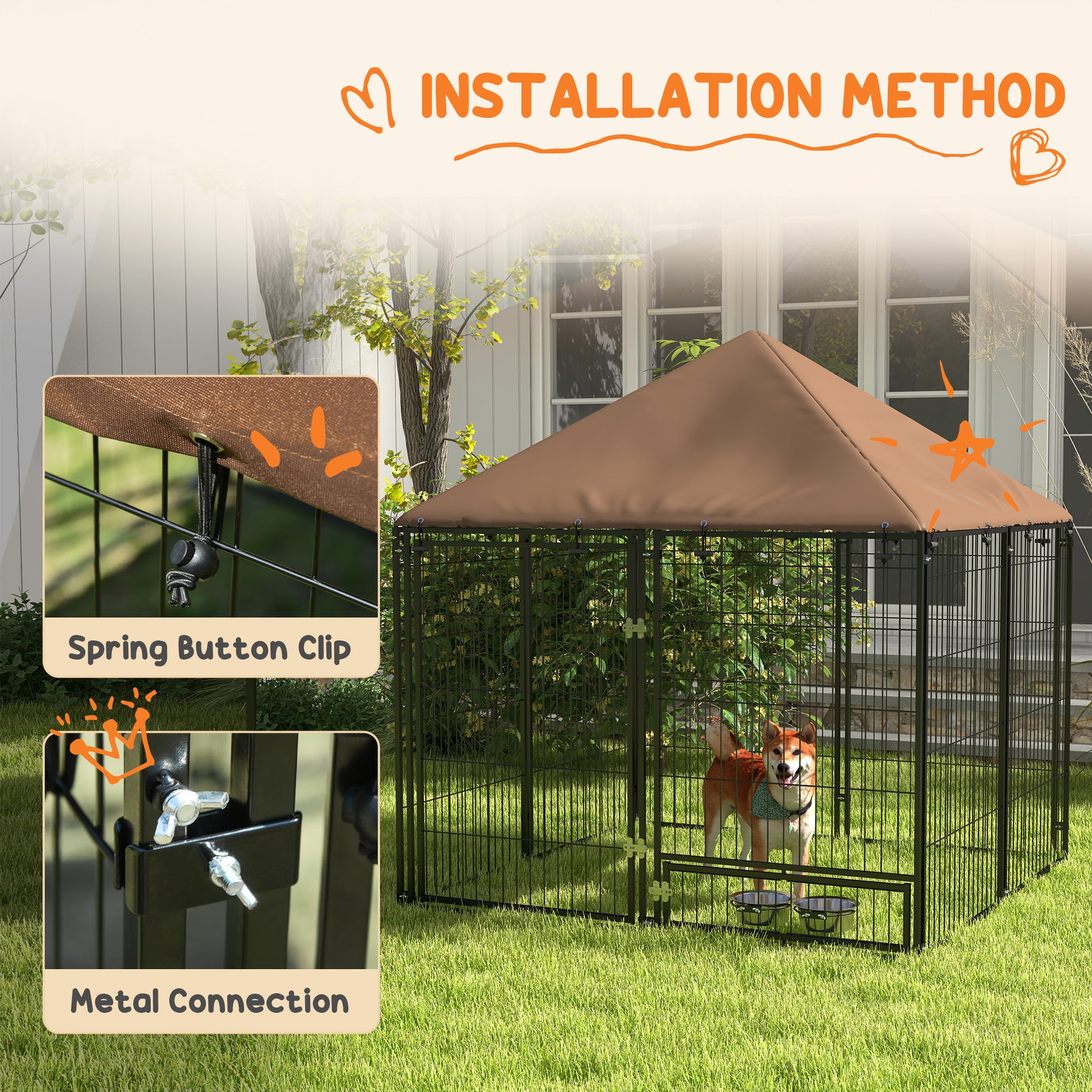 Pawhut Outside Dog Kennel, 4.6' X 4.6' X 5' Puppy Play Pen With Canopy, Garden Playpen Fence Crate Enclosure Cage Rotating Bowl, Black Black Steel