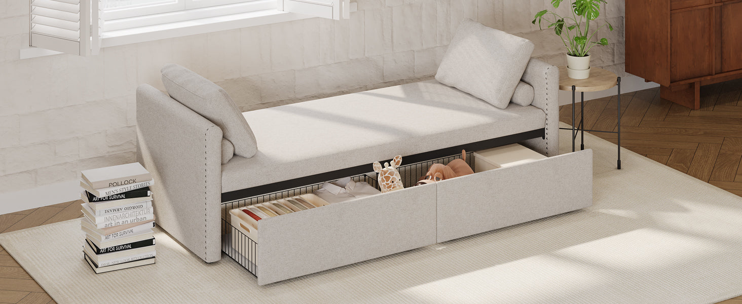 Modern Upholstered Chaise Lounger Daybed Small Single Daybed With 2 Drawers, No Mattress Needed, Perfect For Living Rooms & Home Office, Linen Fabric, Beige Beige Linen