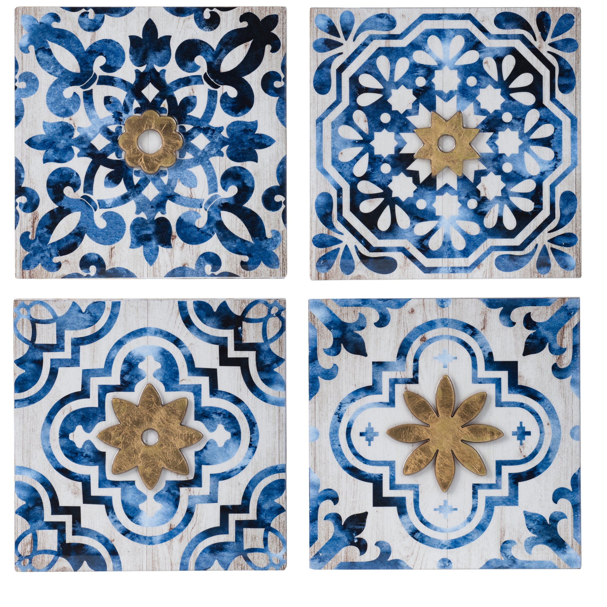 S 4 Abstract Blue, White, And Gold Wall Decor Accents, 9.5X9.5" White Blue Wood