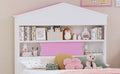 Twin Size House Shaped Wooden Bed With Storage Shelf On The Headboard, Built In Two Storage Drawers, Pink Pink White Wood