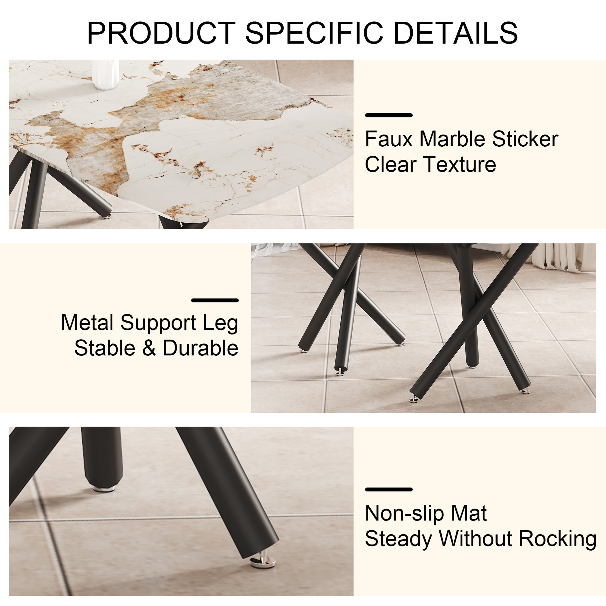 1 Table And 8 Chairs Set.A Rectangular Dining Table With A 0.39 Inch Imitation Marble Tabletop And Black Metal Legs.Paired With 8 Chairs With Pu Leather Seat Cushion And Black Metal Legs.F 1538,C 001 White Black Glass Metal