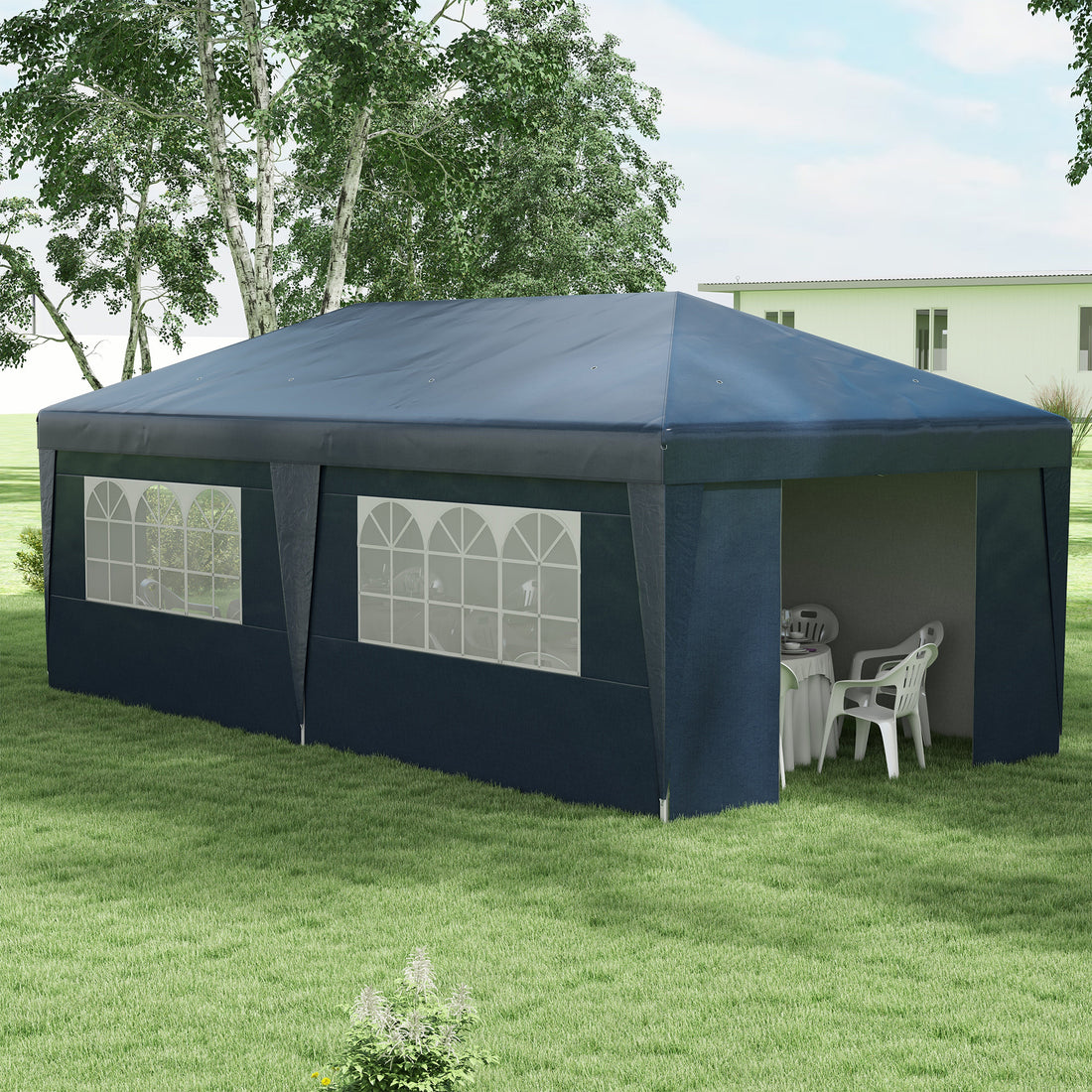 Outsunny 10' X 19.5' Pop Up Canopy Tent With Sidewalls, Height Adjustable Large Party Tent Event Shelter With Leg Weight Bags, Double Doors And Wheeled Carry Bag For Garden, Patio, Dark Blue Blue Steel