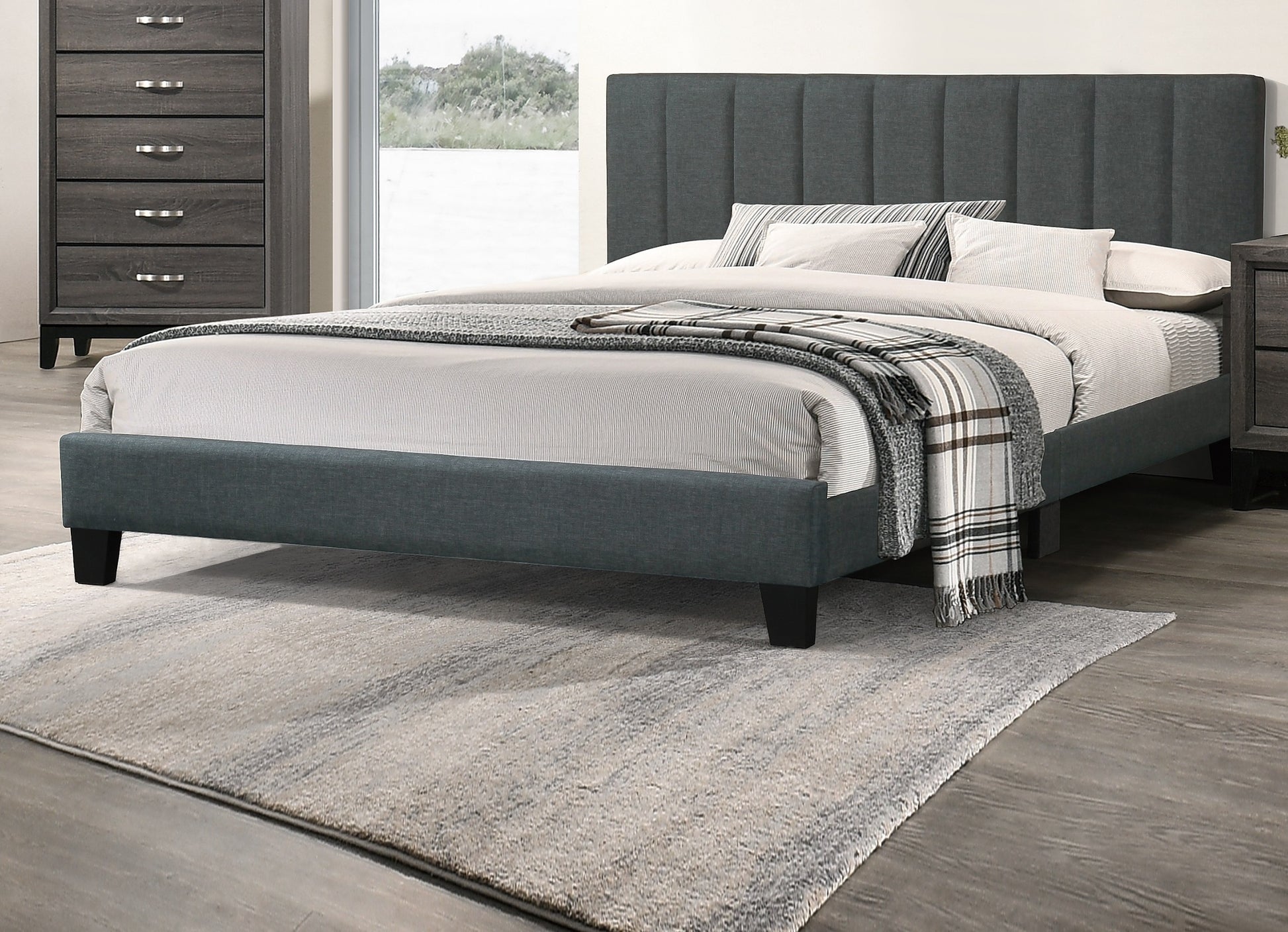 Gorgeous 1Pc Queen Size Bed Charcoal Polyfiber Platform Bedframe Slats Bedroom Furniture Box Spring Not Required Queen Charcoal Wood Bedroom Modern,Transitional Rubberwood Bed Frame Foam