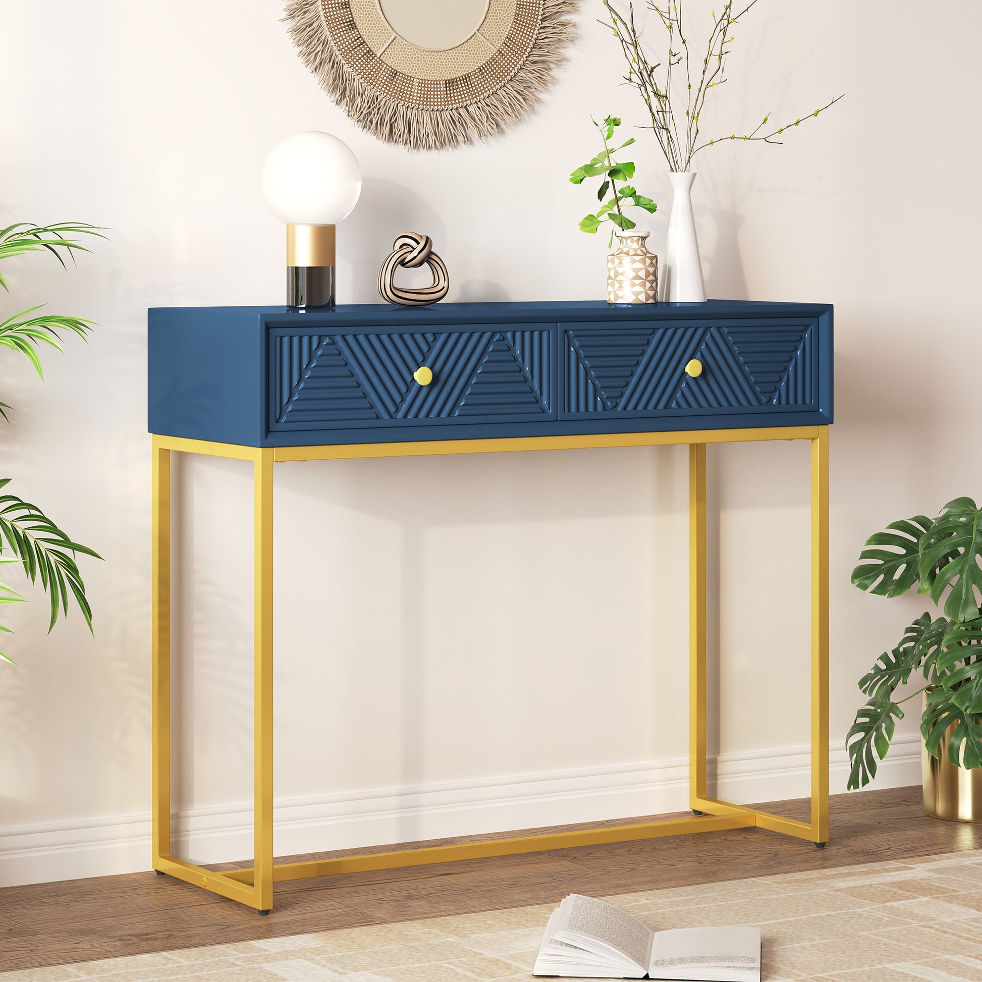 Modern Sleek Console Table Two Drawers With Stripe Design For Living Room And Entryway Navy Navy Mdf