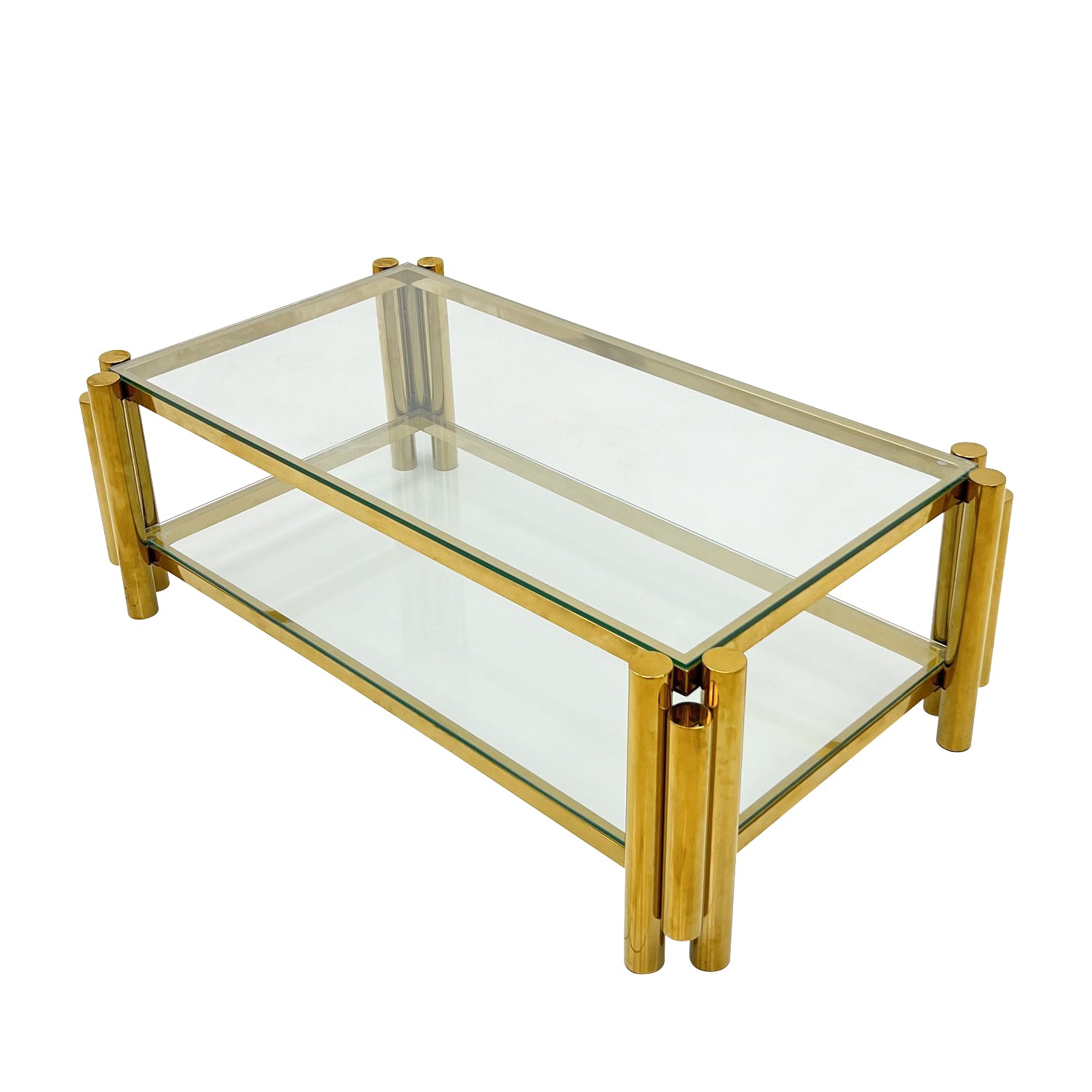 47" Wide Rectangle Modern Stainless Steel Coffee Table, Double Layer Clear Tempered Glass Coffee Table, Center Table With Storage, For Living Room Home Office, Easy Assembly, Gold Clear,Gold Modern