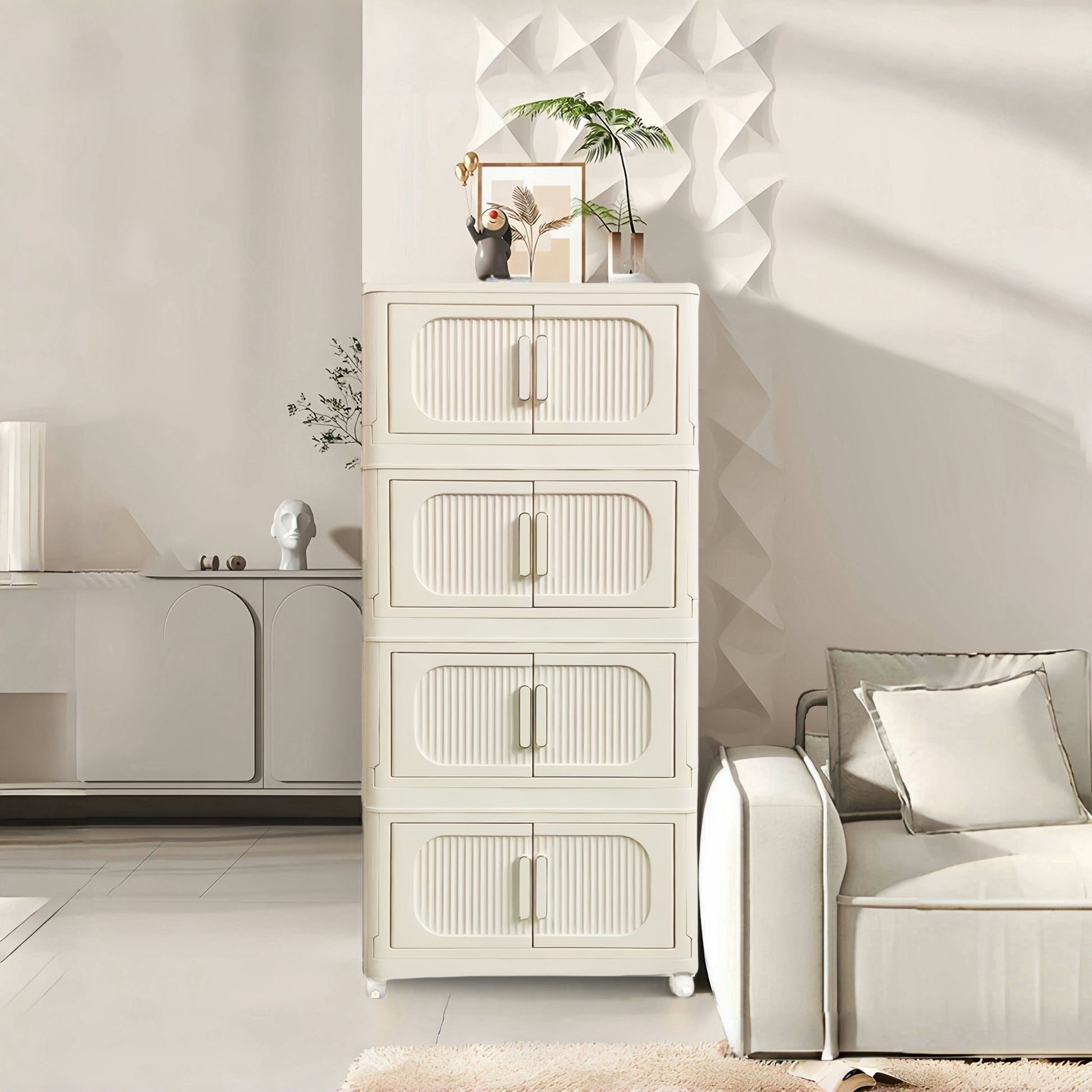 Cream White,19.69" Side Wide Folding Storage Cabinet ,4 Tiers,19.69" 11.81" 40.55",Collapsible Storage Bins With Magnetic Door, Plastic Storage Cabinet With Wheels Cream White Plastic
