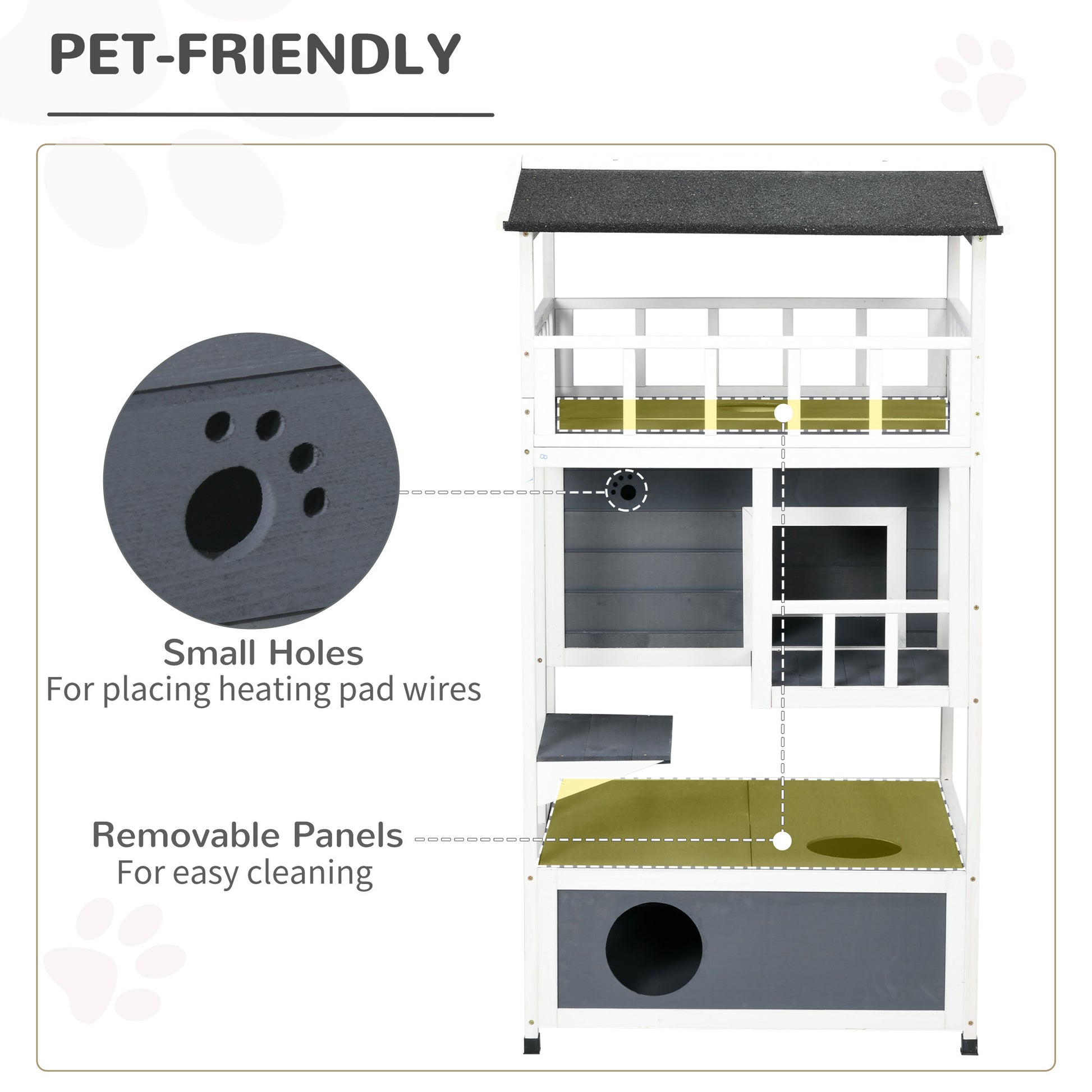 Pawhut Wooden Outdoor Cat House, Feral Cat Shelter Kitten Tree With Asphalt Roof, Escape Doors, Condo, Jumping Platform, Grey Grey Wood