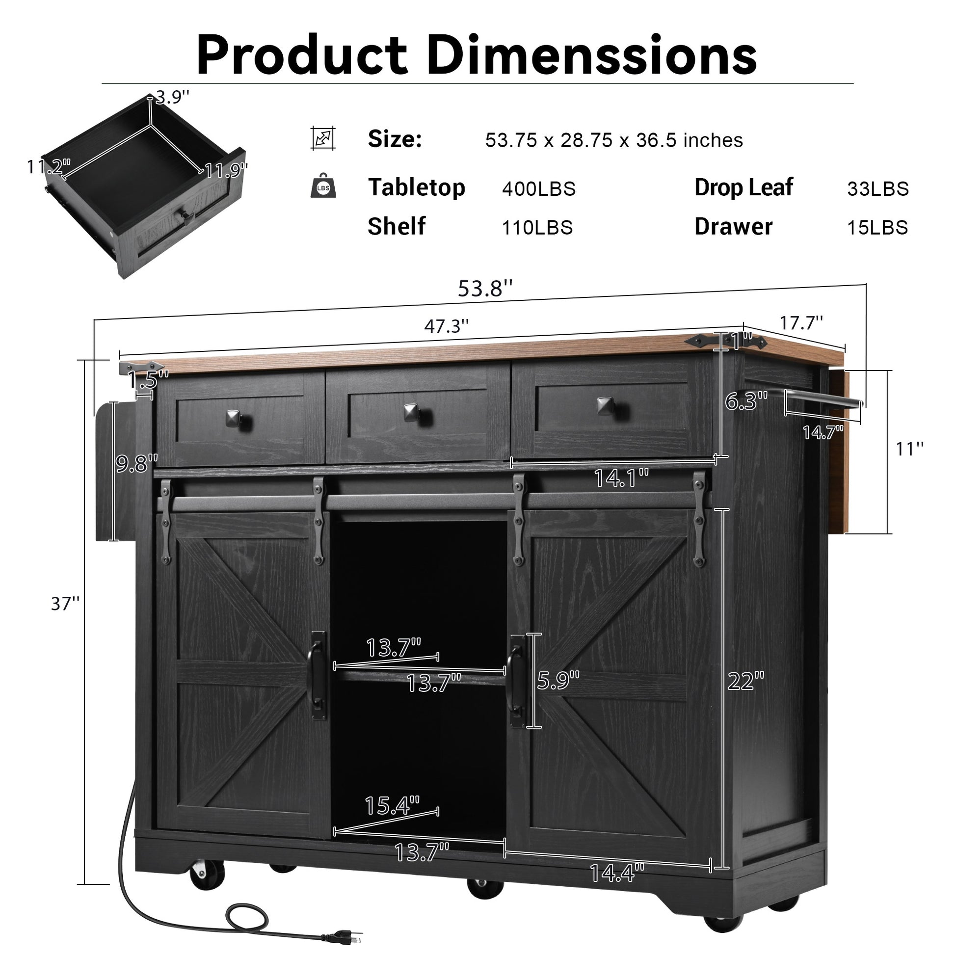 K&K 53.7" Farmhouse Kitchen Island With Power Outlet, 2 Sliding Barn Door Kitchen Storage Island With Drop Leaf, Spice Rack Rolling Kitchen Cart On Wheels, For Home, Kitchen And Dining Room, Black