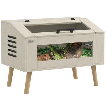 Pawhut Reptile Terrarium 29 Gallon Top Opening Reptile Tank With Glass Windows Air Ventilations, For Snakes Lizards Horned Frogs Chameleons Hamsters Gerbils, 31.5" X 20" X 24" Oak Fabric