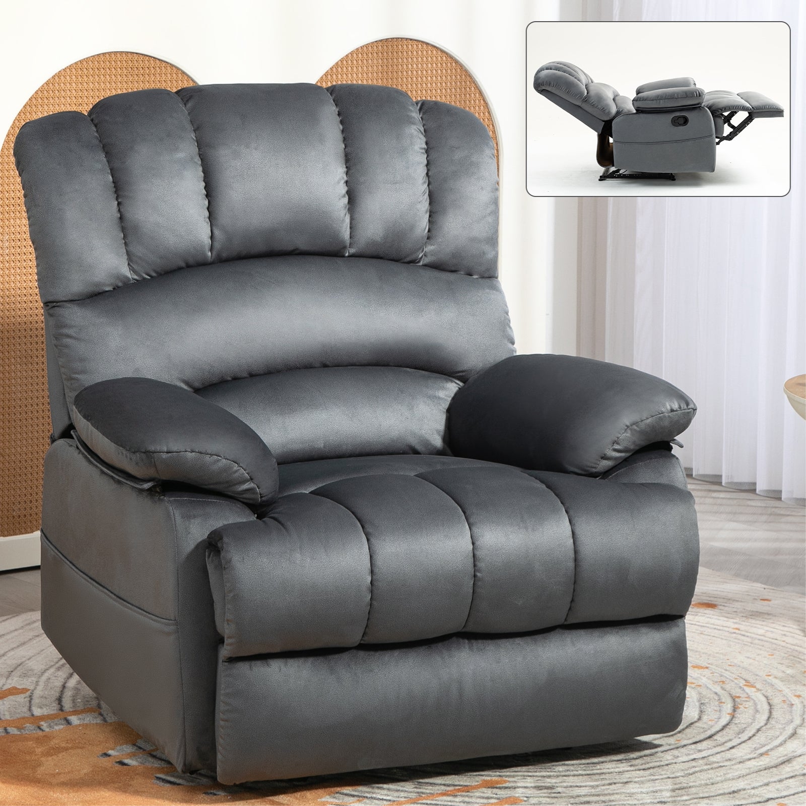 Large Manual Recliner Chair In Fabric For Living Room, Grey Grey Polyester Manual Handle Metal Primary Living Space Medium Firm Cushion Back Heavy Duty American Design Pine Pillow Top Arms Fiber Foam And Polyester Fiber Pad Fabric