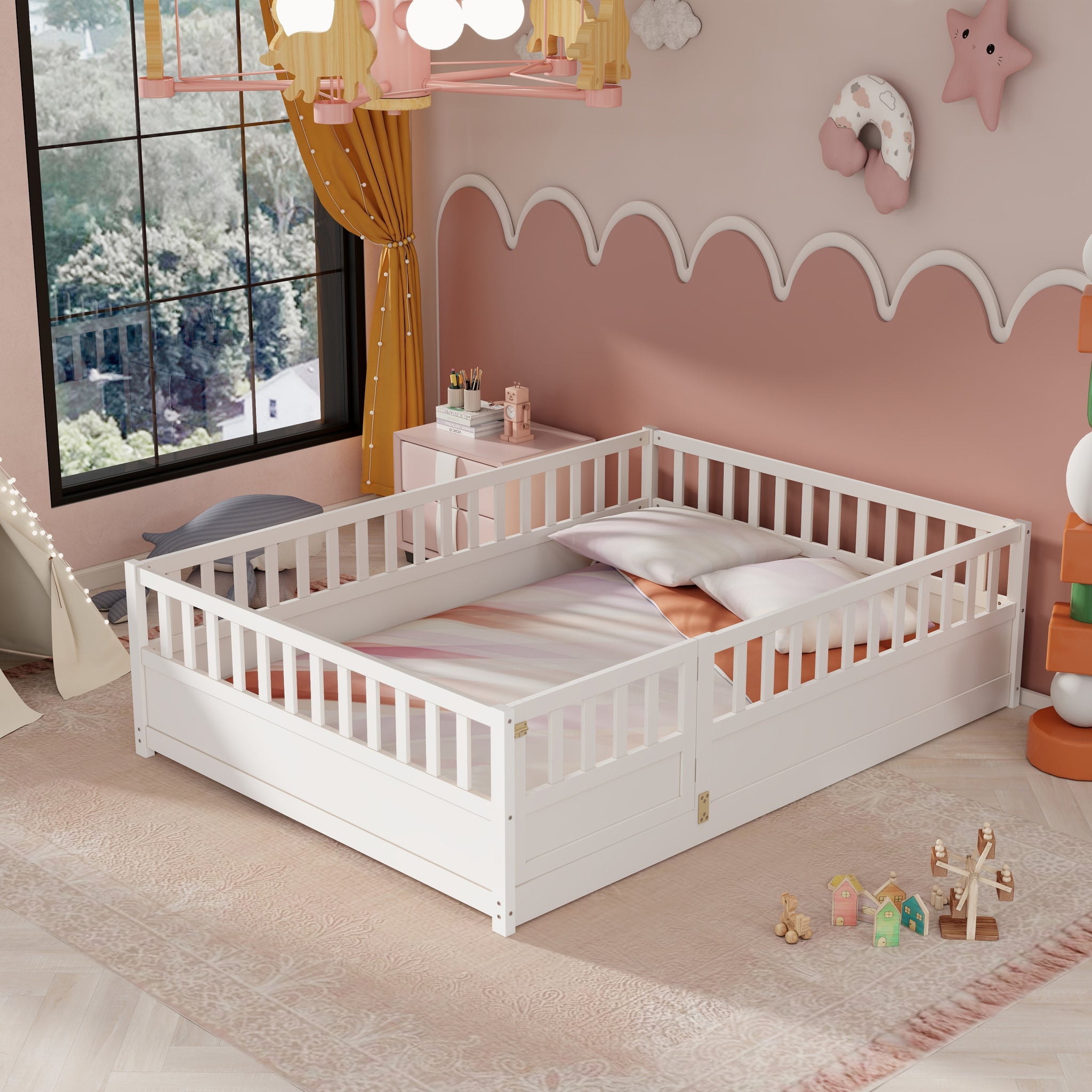 Full Size Floor Bed, Integral Construction With Super High Security Barrier, Door, Children'S Floor Bed Frame, Montessori Wooden Children'S Floor Bed, White Box Spring Required Full White Wood Brown Bedroom American Design,Artsy Pine Bed Frame Pine