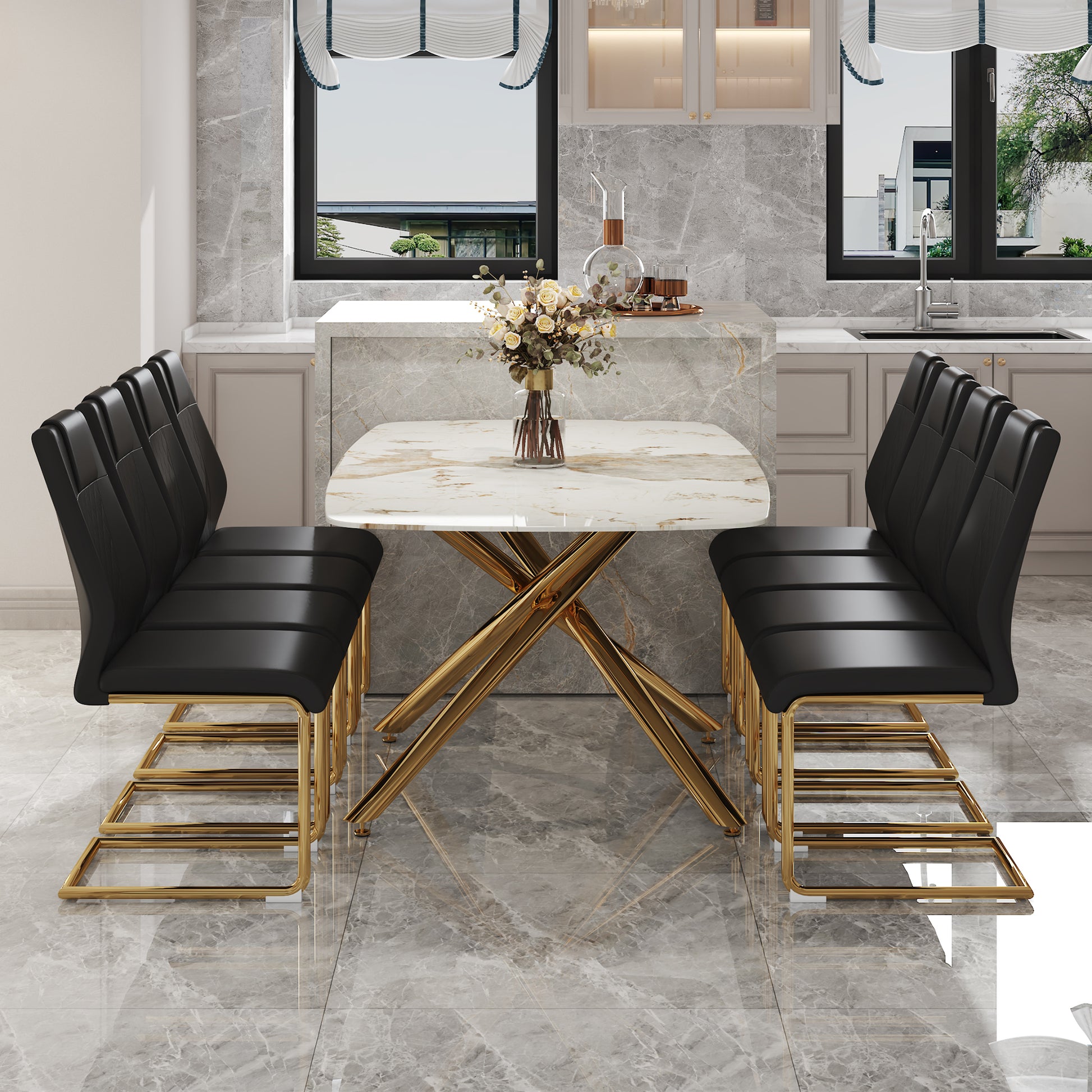 Table And Chair Set.Modern Luxurious Tempered Glass Dining Table Set With Gold Metal Legs And 8 Pu Chairs.White Marble Patterned Sticker Tabletop,Black Chairs With Gold Metal Legs. Black Gold Seats