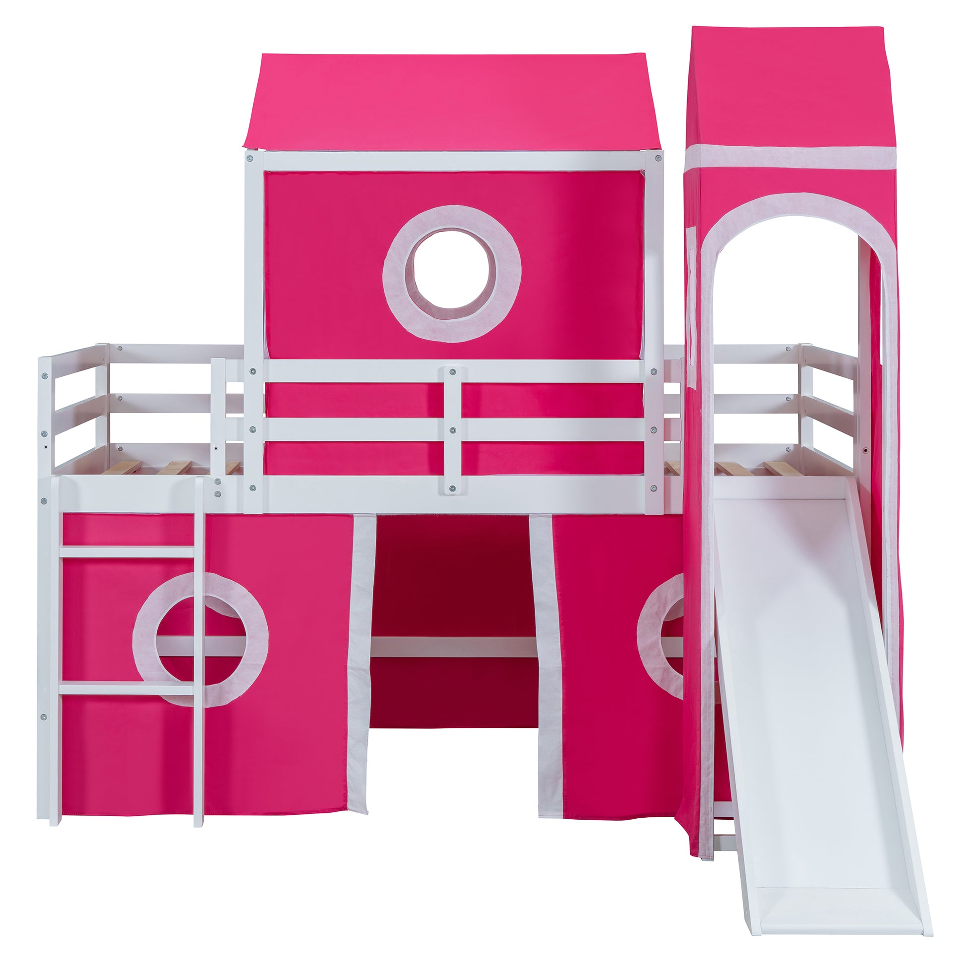 Twin Size Loft Bed With Slide Pink Tent And Tower Pink Old Sku:Wf298769Aah Twin Pink Solid Wood