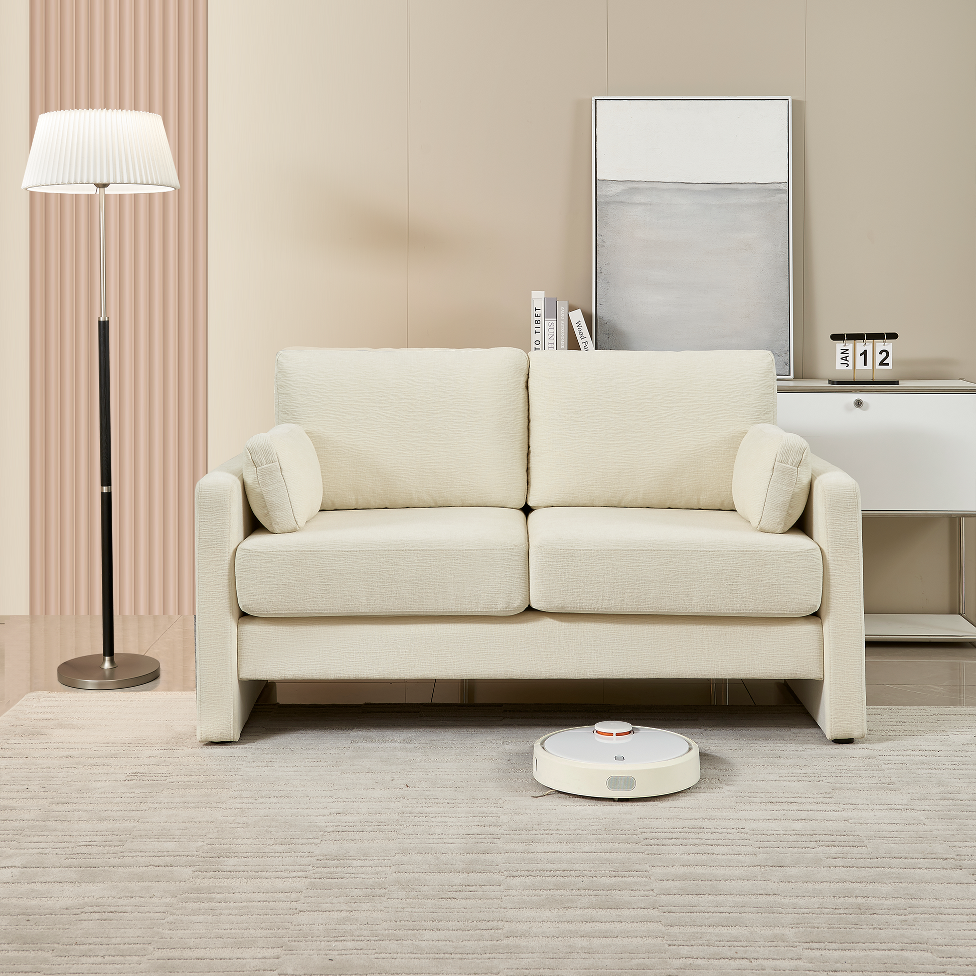 58.66" Small Modern Loveseat Sofa, Mid Century Chenille Fabric 2 Seat Couch Beautiful Seat With Back Cushions, Accent Sofa Couch For Living Beige Wood Foam Chenille 2 Seat
