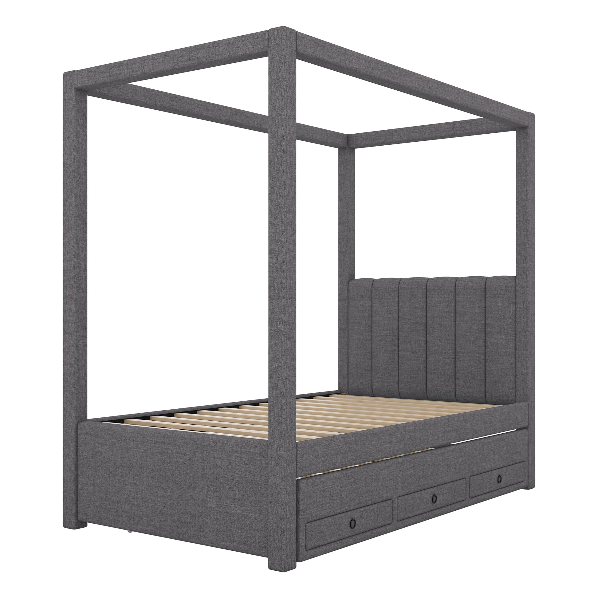 Twin Size Upholstery Canopy Platform Bed With Trundle And Three Storage Drawers, Gray Twin Gray Upholstered