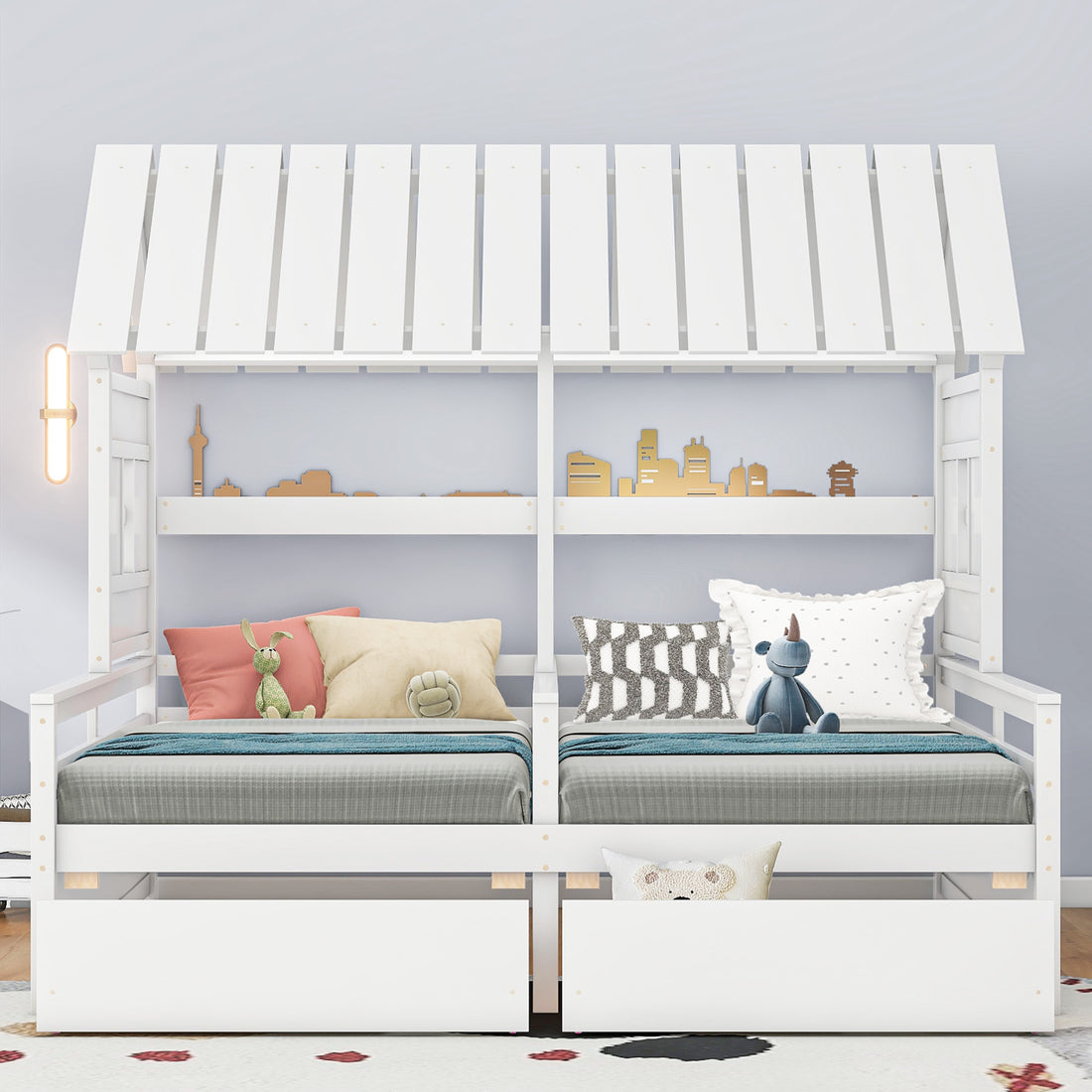 Twin Size House Platform Beds With Two Drawers For Boy And Girl Shared Beds, Combination Of 2 Side By Side Twin Size Beds,White Twin White Solid Wood Mdf