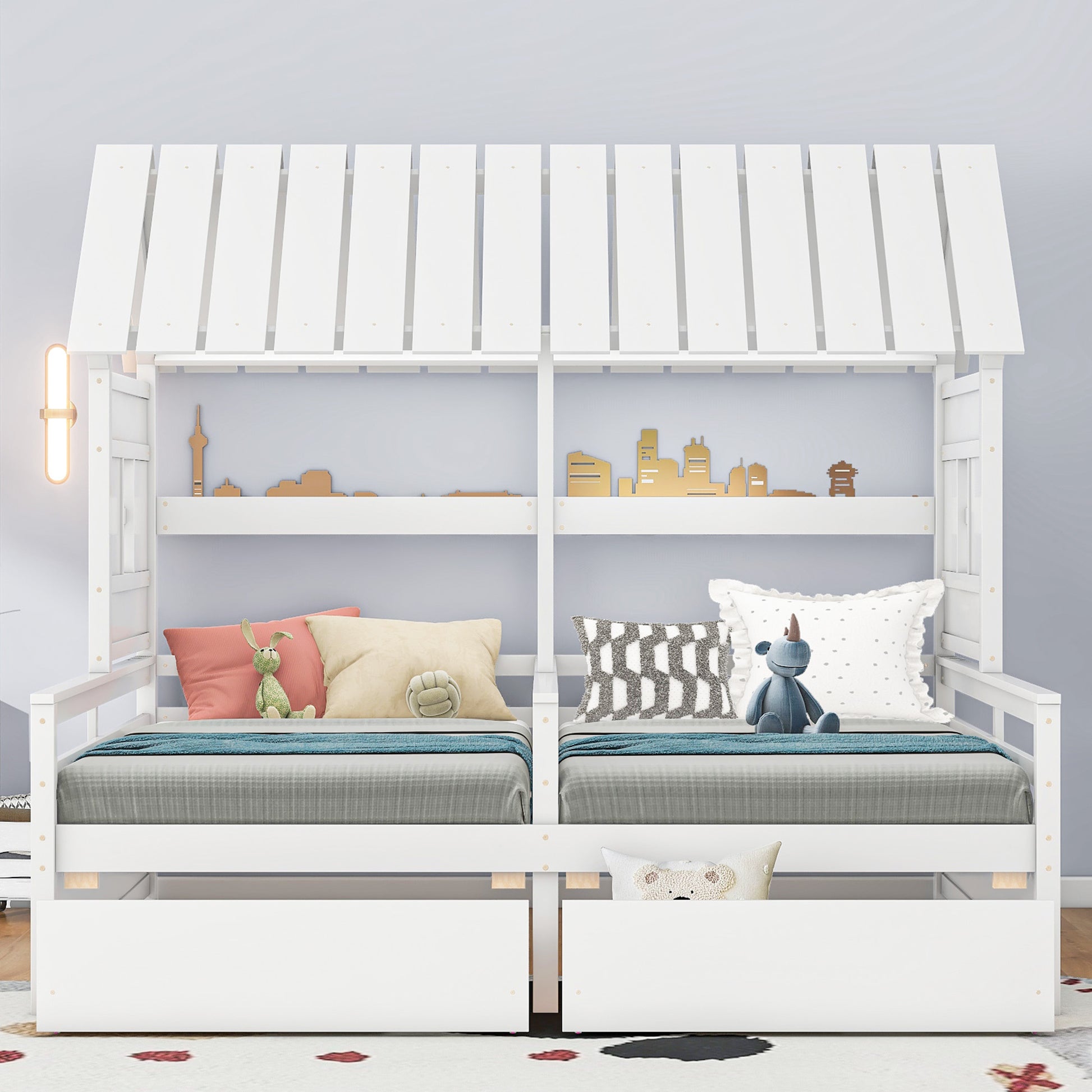 Twin Size House Platform Beds With Two Drawers For Boy And Girl Shared Beds, Combination Of 2 Side By Side Twin Size Beds,White Twin White Solid Wood Mdf